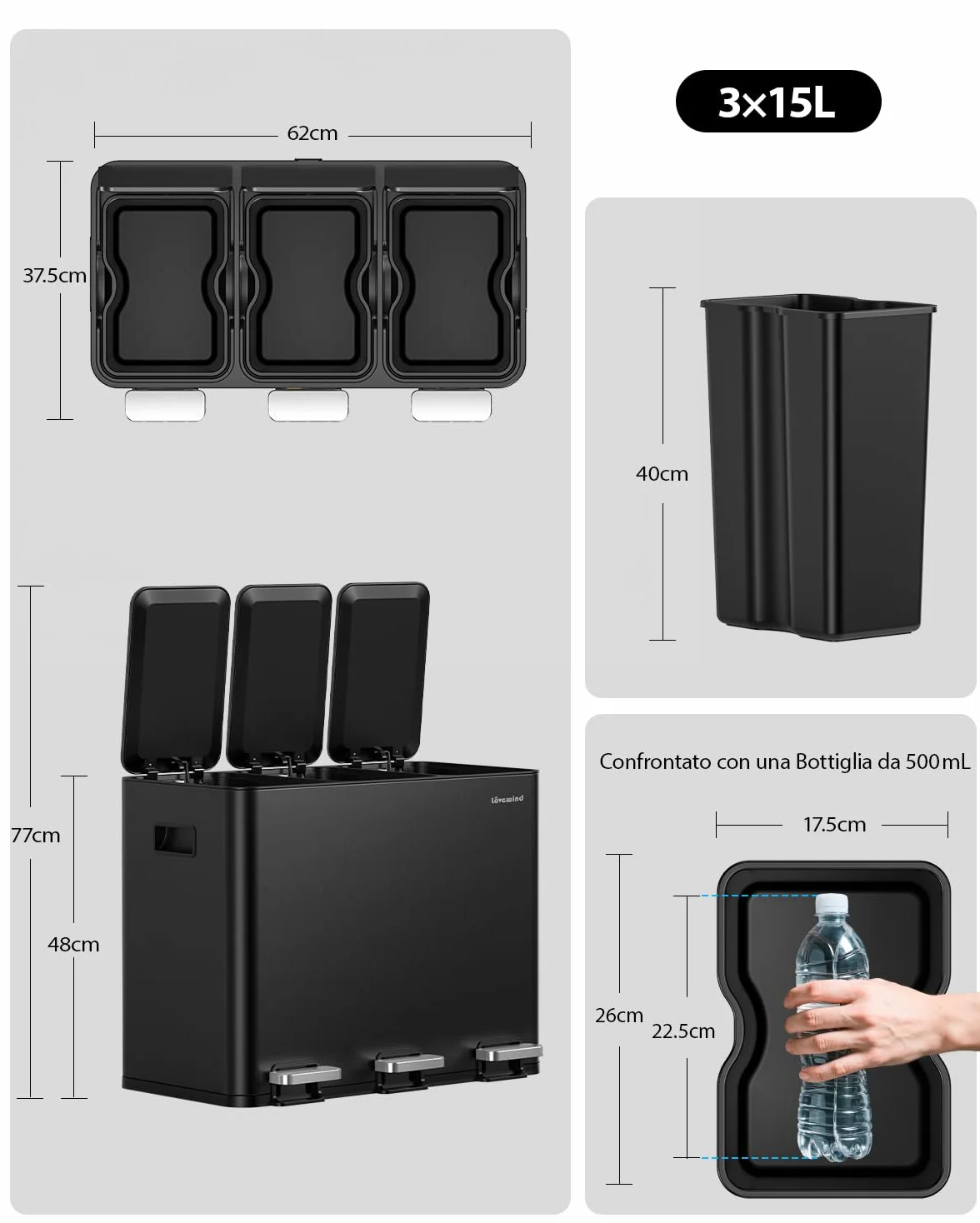 lovewind Kitchen Bin, 3 X 15 L Bidone Di Riciclaggio, Pattumiera 3 Scomparti Per Riciclo E Rifiuti, Etichette Magnetiche Incluse, Coperchi Soft-Close, Pedali, Secchi Interni, Acciaio, Nero
