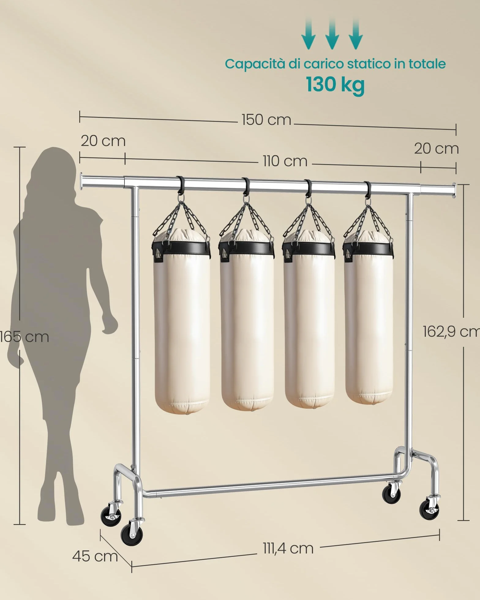 SONGMICS Stand Appendiabiti con Rotelle, Portabiti Carico Pesante, Barra Estensibile, Portata 130 kg, 45 x (110-150) x 162,9 cm, Metallo Cromato, Argento HSR11S