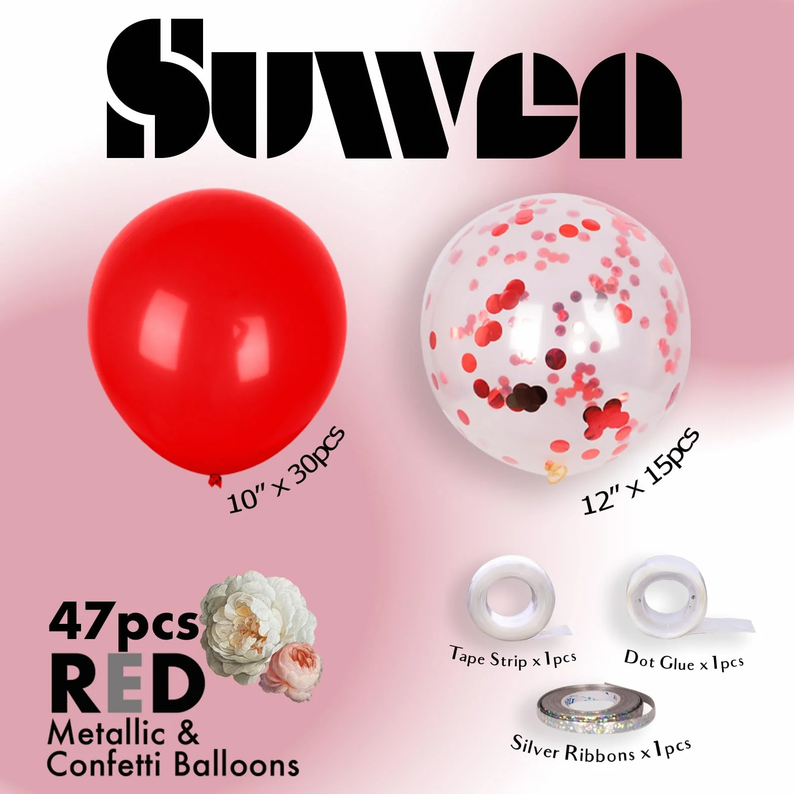 SUWEN Palloncini Rossi e Palloncini a Coriandoli Rossi 47 Pezzi 25cm 10 Pollici Adatti ad Elio per Feste Matrimoni Compleanni San Valentino Natale Cerimonie Anniversari