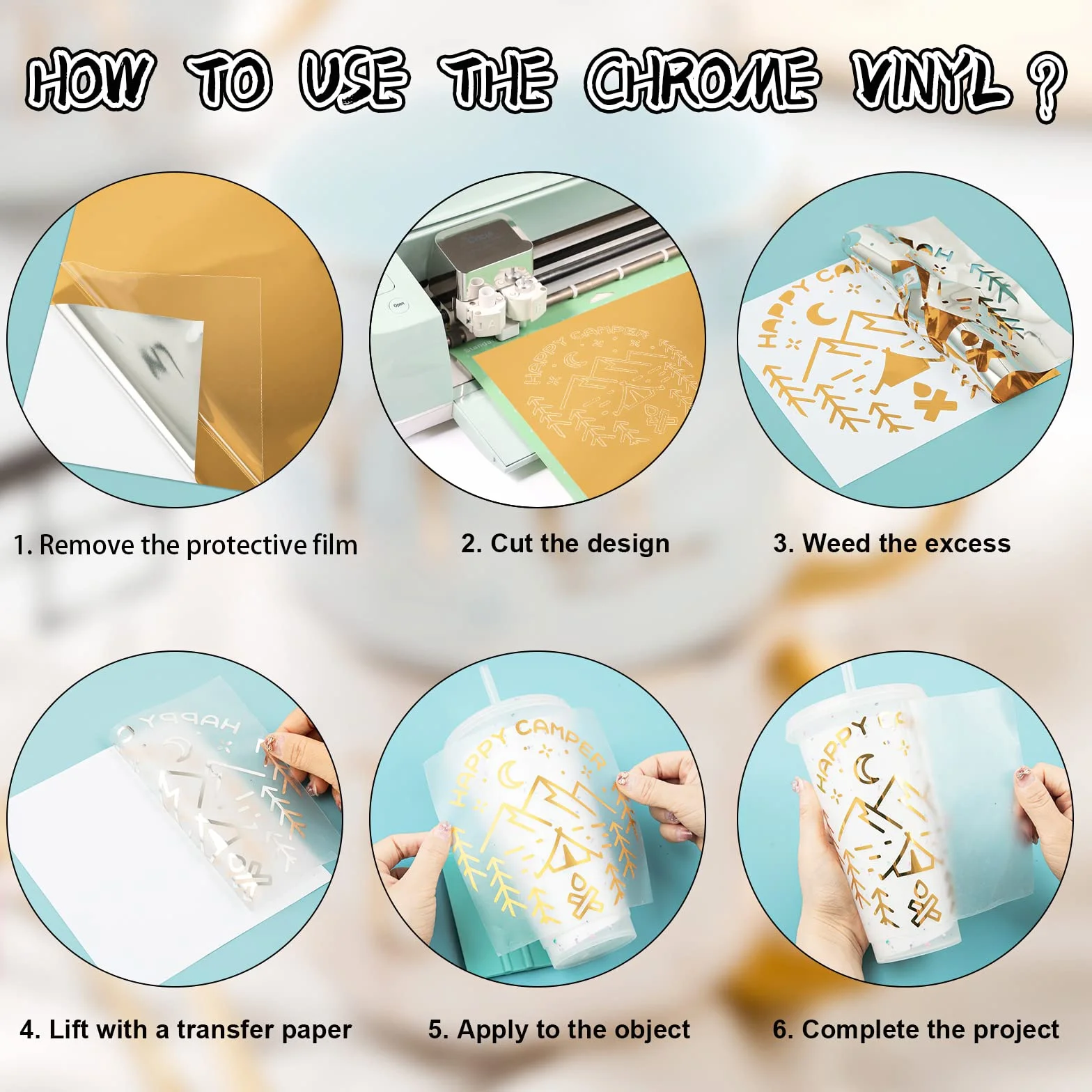 Rotolo di vinile cromato oro chiaro 30,5 x 152,4 cm lucido adesivo per Cricut e taglierine