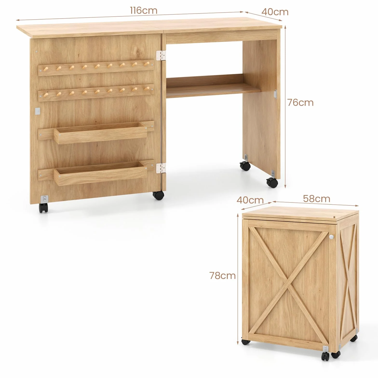 LIFEZEAL Mobile per Macchina da Cucire, Tavolo Macchina da Cucire, Armadietto Cucito, Salvaspazio, Moderno, 5 Ruote, 2 Mensole, 18 Ganci per Filo, 1 Ripiano, Pieghevole, 116x40x76cm, Legno, Naturale