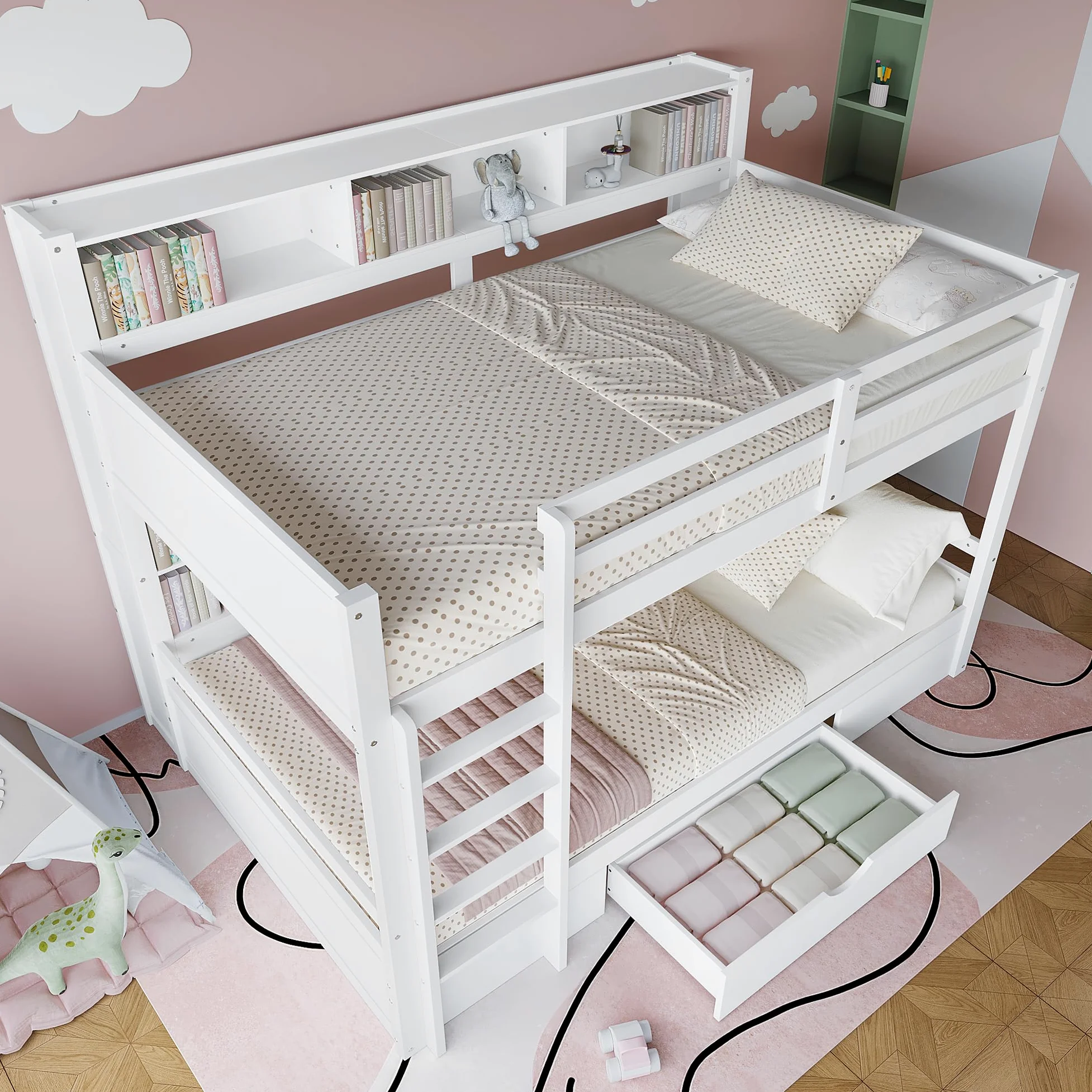 Letto a castello, 90 x 200 cm, in legno, con rete a doghe, cassetti e scomparti di stoccaggio, per adulti, adolescenti (bianco, 90 x 200 cm)