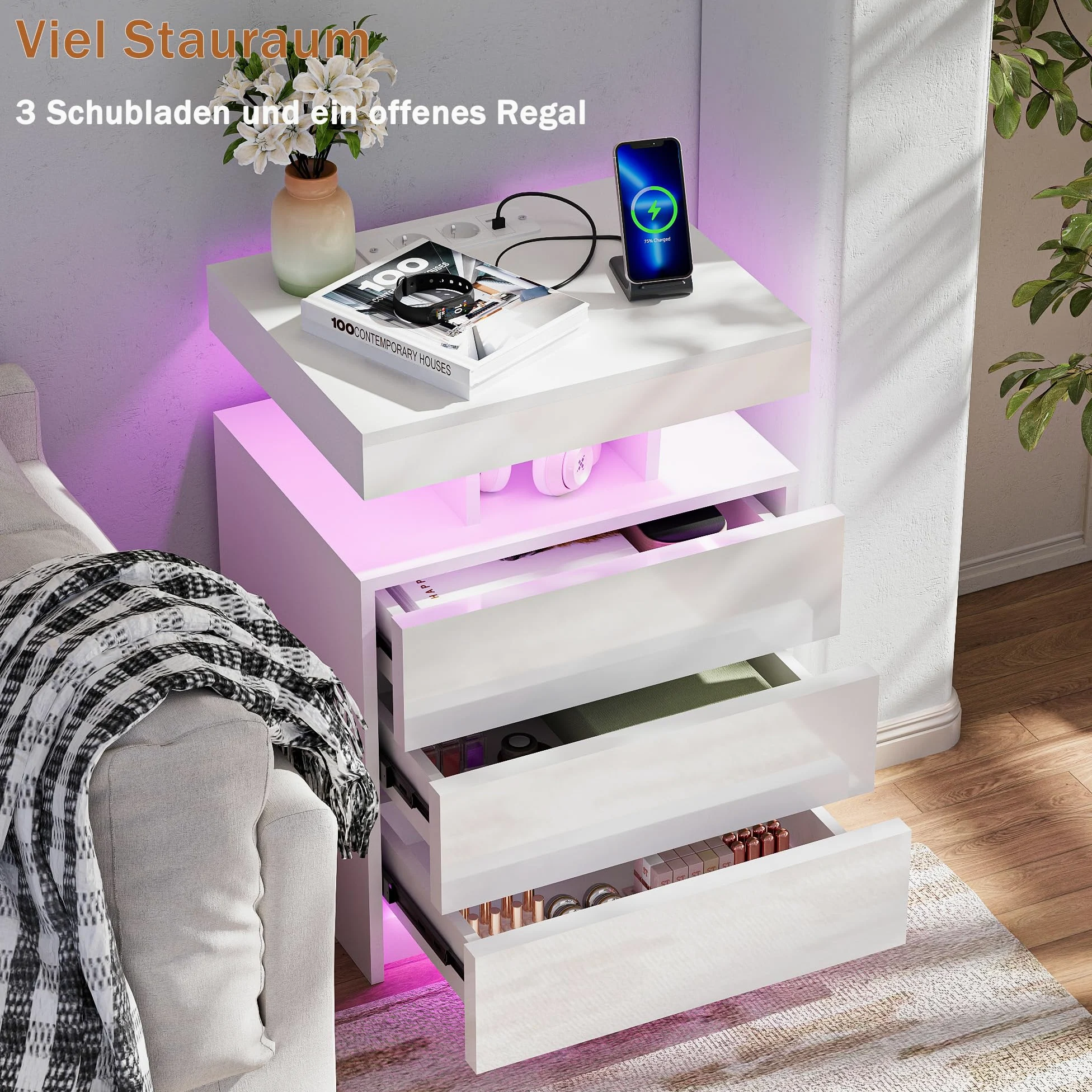 Set 2 Comodino con Presa Elettrica e LED RGB, comodini camera da letto Moderni a 3 Cassetti Laccati e Antrato Aperto, 2 AC 2 USB LED RGB e Telecomando, per Soggiorno, Bianco 50cm Larghezza