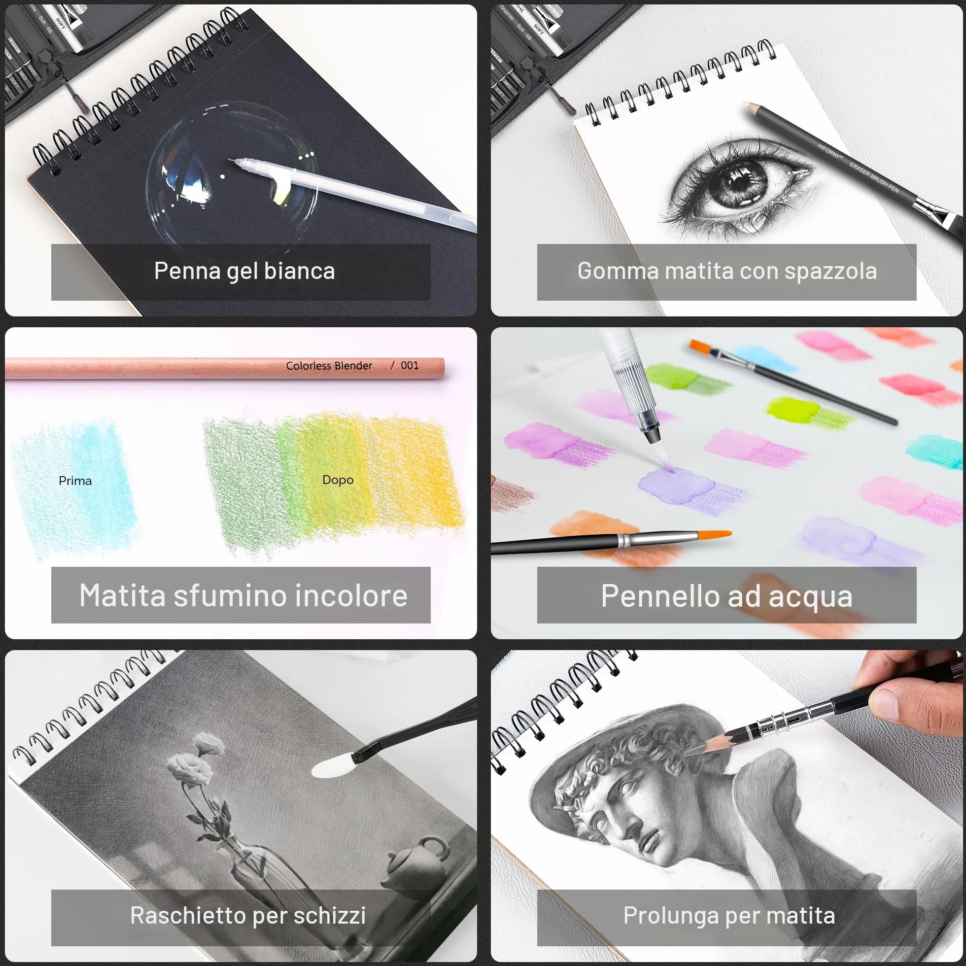 HIFORNY Set di Disegno e Schizzo da 136 Pezzi, Forniture Artistiche Professionali con Matite di Grafite, Carboncino, Colori, Acquerelli, Matite Metallizzate, Strumenti di Sfumatura e Altro(Nero)