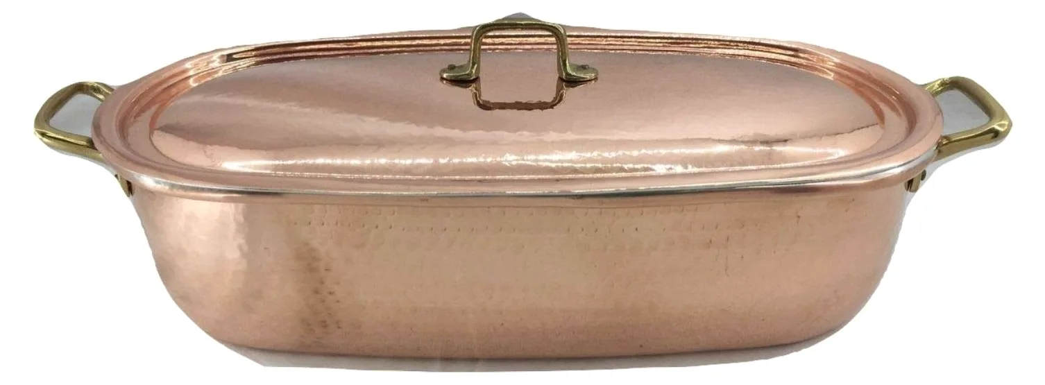 Pesciera in rame stagnato con coperchio da cucina griglia cestello vapore pentola pesce 44x20x13 cm