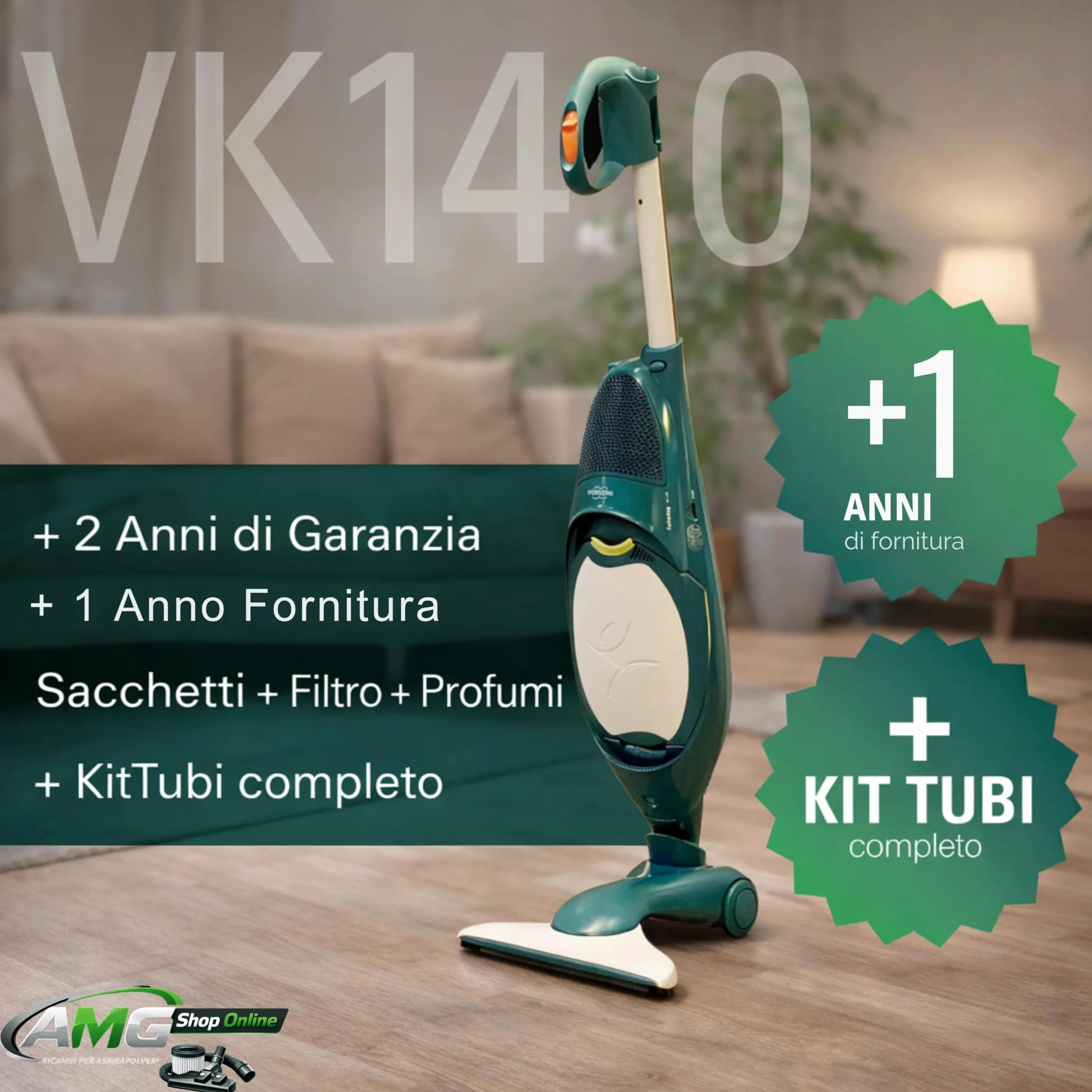 Aspirapolvere VK140 FOLLETTO + Spazzola HD40 + 6 Sacchetti, Sacco 2,5L, Filtri e Profumini Inclusi, Motore Originale, 74 dBA, 3 kg, Garanzia 2 Anni