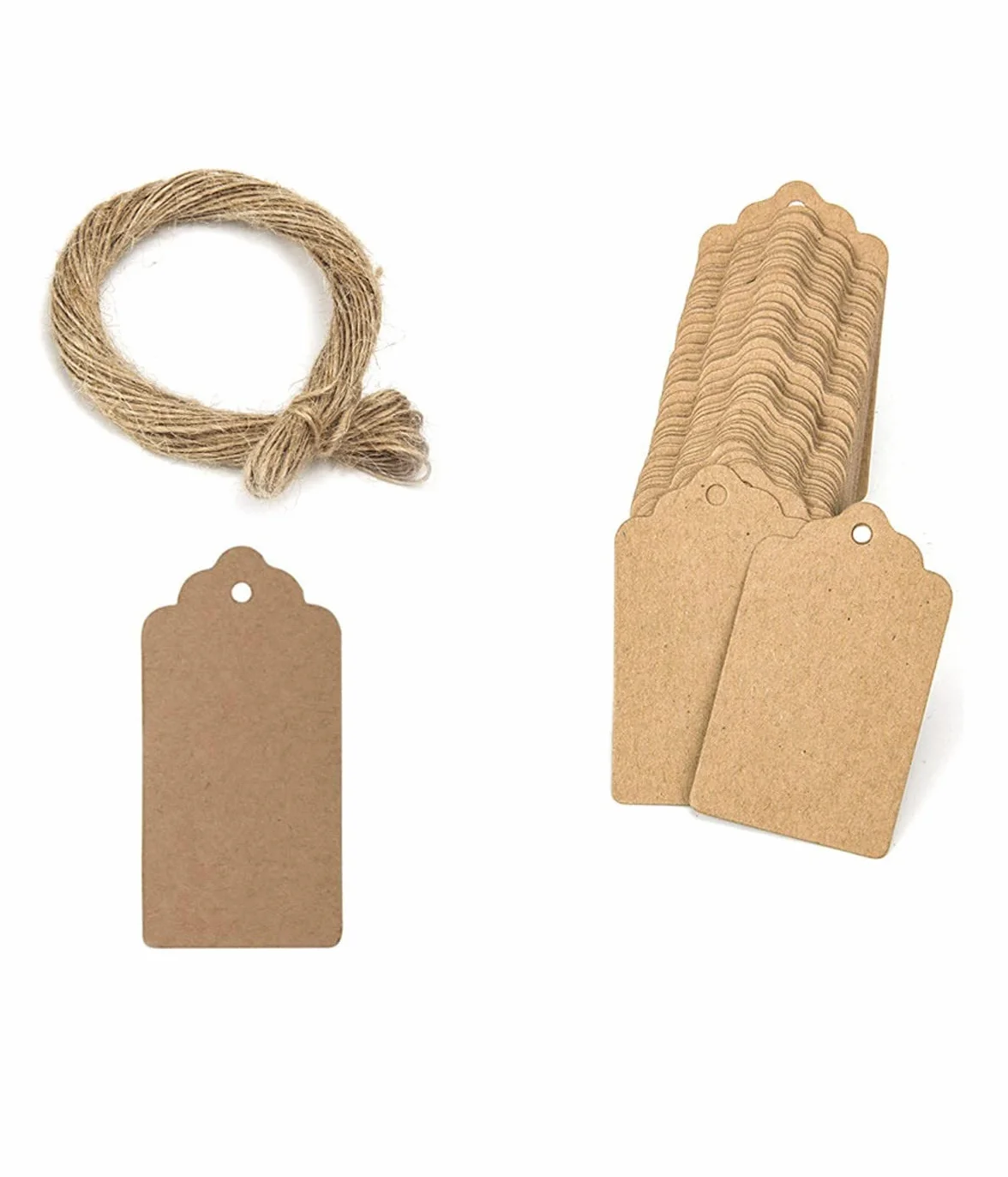 Tag Bomboniere 100 Pz 3 x 5 CM - Spago di Iuta Naturale Lungo 20 Metri, Marrone - Etichette Cartoncino Premium e Bifacciali - Ideale per Etichette Regalo, Cartellini Prezzo e Fai Da Te