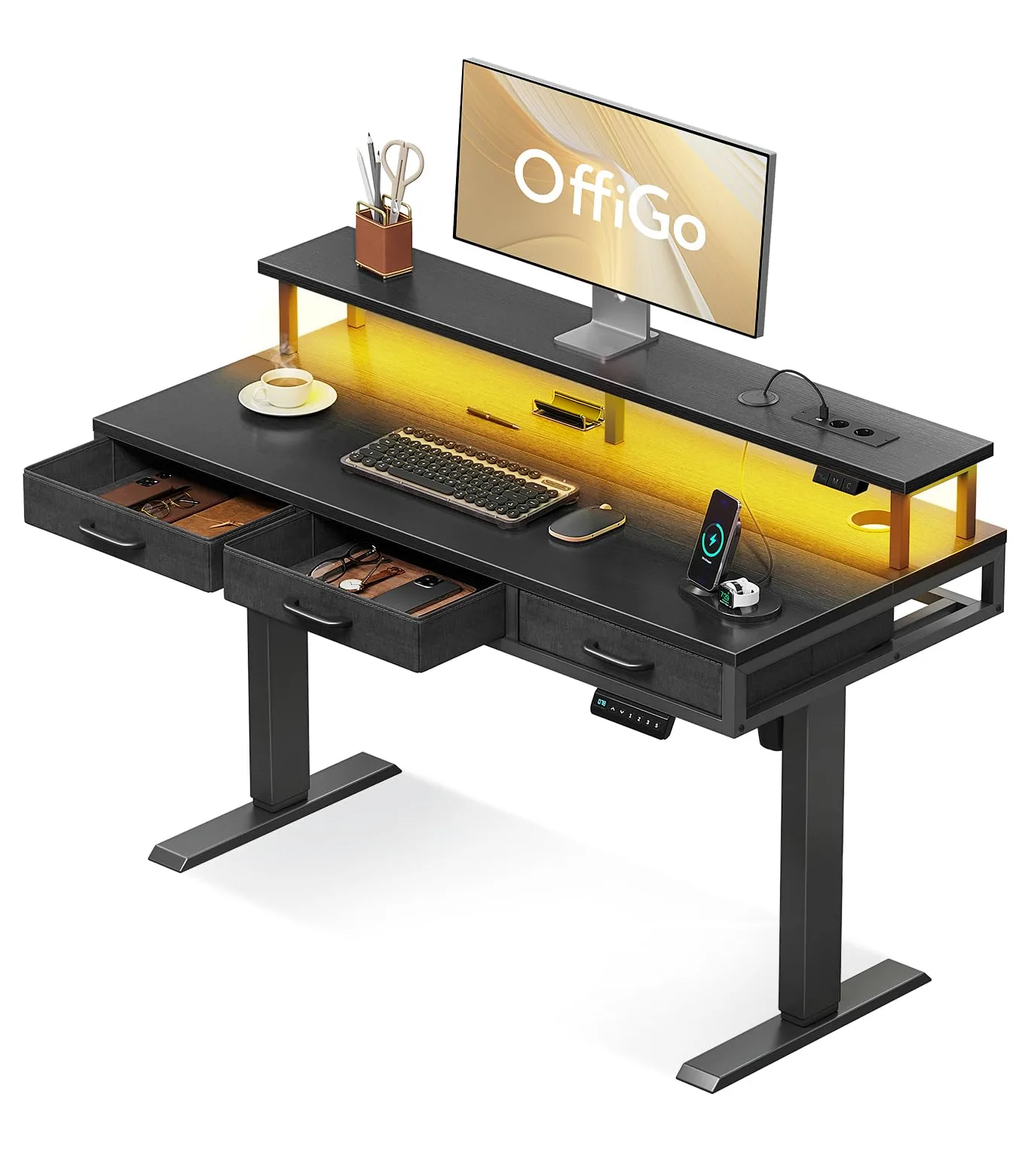 OffiGo Scrivania Elettrica con Cassetti, 120cm Scrivania Elettrica con Supporto per Monitor, Scrivania Gaming con Prese e LED Luminosa, Scrivanie, Nero