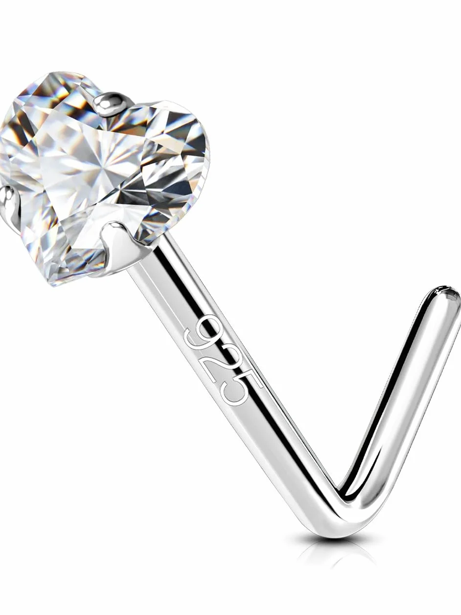 OUFER 925 Sterling Silver Nose Stud Screw 20G Nostril Solid 3 mm Heart Star CZ Body Piercings Jewellery