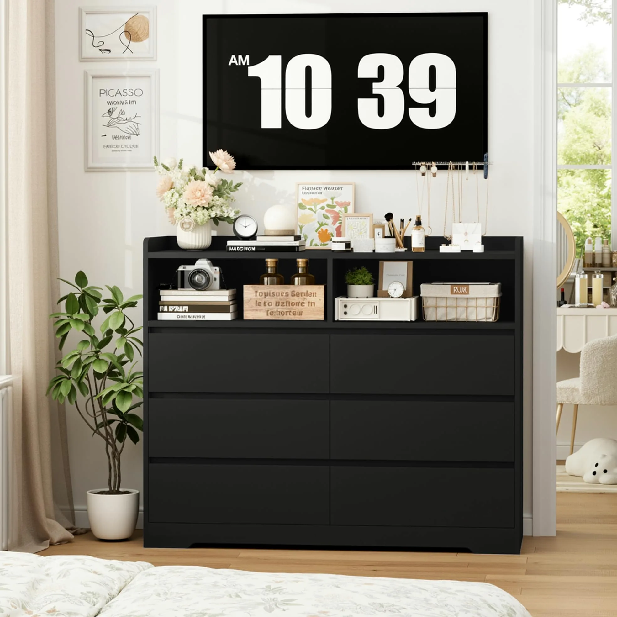 FOREHILL Cassettiera Camera da letto, Cassettiera con 6 Cassetti, Comò con 2 Scomparti Aperti Moderno, per Camera da Letto, Corridoio, Soggiorno, Ufficio, 120x40x100cm (Nero)