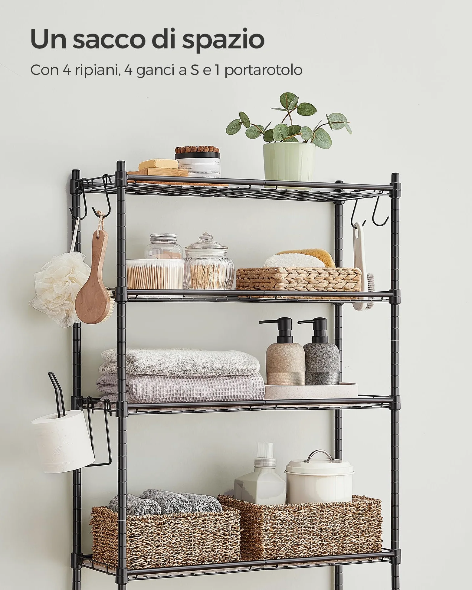 SONGMICS Scaffale sopra WC a 4 Ripiani, Scaffale da Bagno in Metallo, Ripiani Regolabili, con 4 Ganci e Portarotolo, Salvaspazio, 30 x 63 x 176 cm, Nero BTS013B01