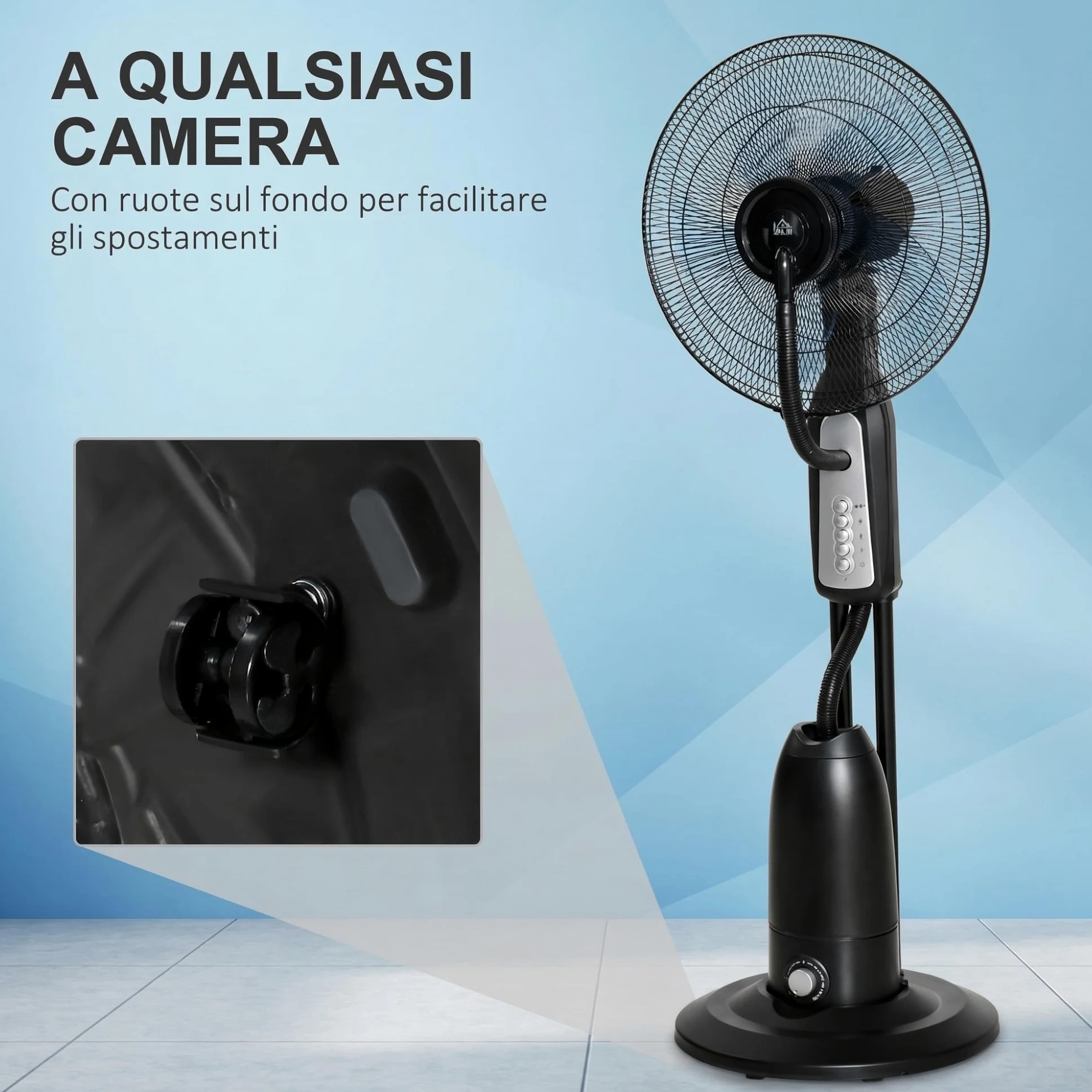 HOMCOM Ventilatore Nebulizzatore 90W con 4 Velocità e Serbatoio 2.8L, Ventilatore a Piantana con 4 Ruote, Metallo PE ABS, 44.5x44.5x120 cm, Argento e Nero