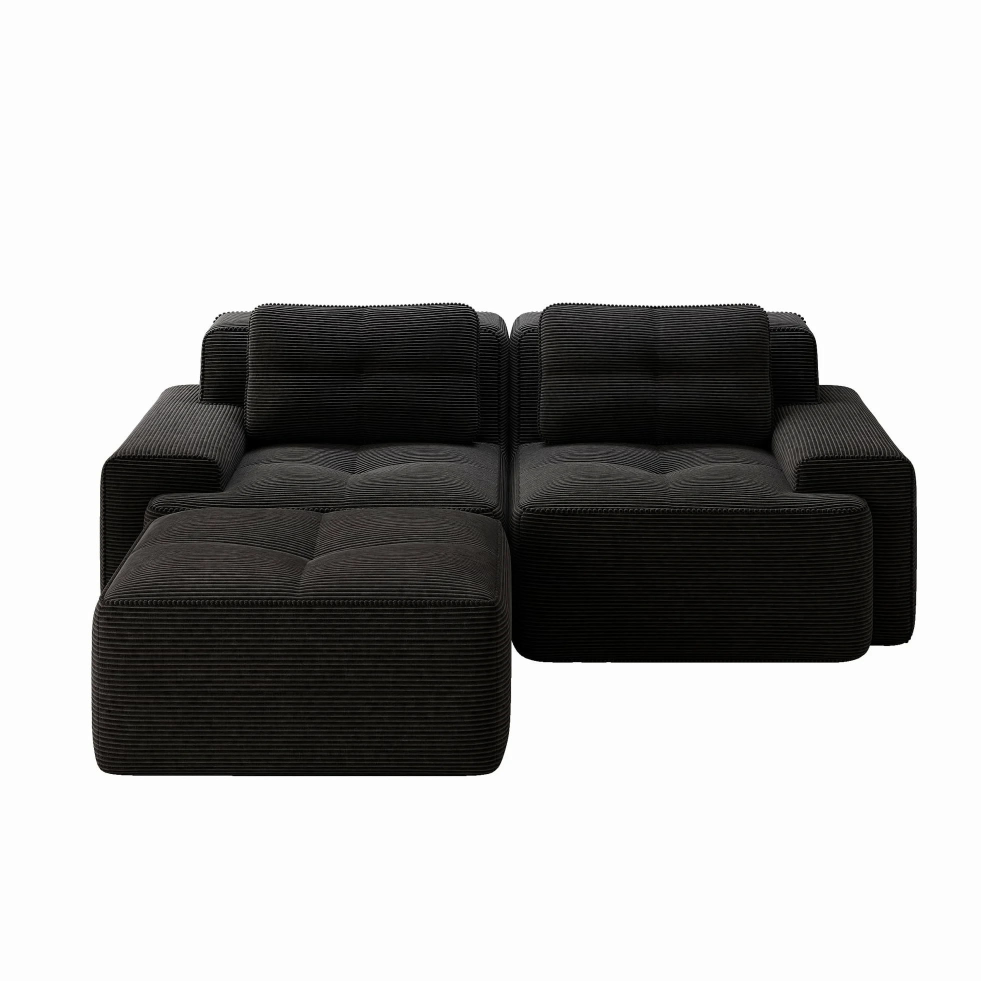 Divano modulare nero Boneless, moderno divano modulare a L per soggiorno, comodo divano in corduroy cloud con ottomano, divano letto a due posti trapuntato