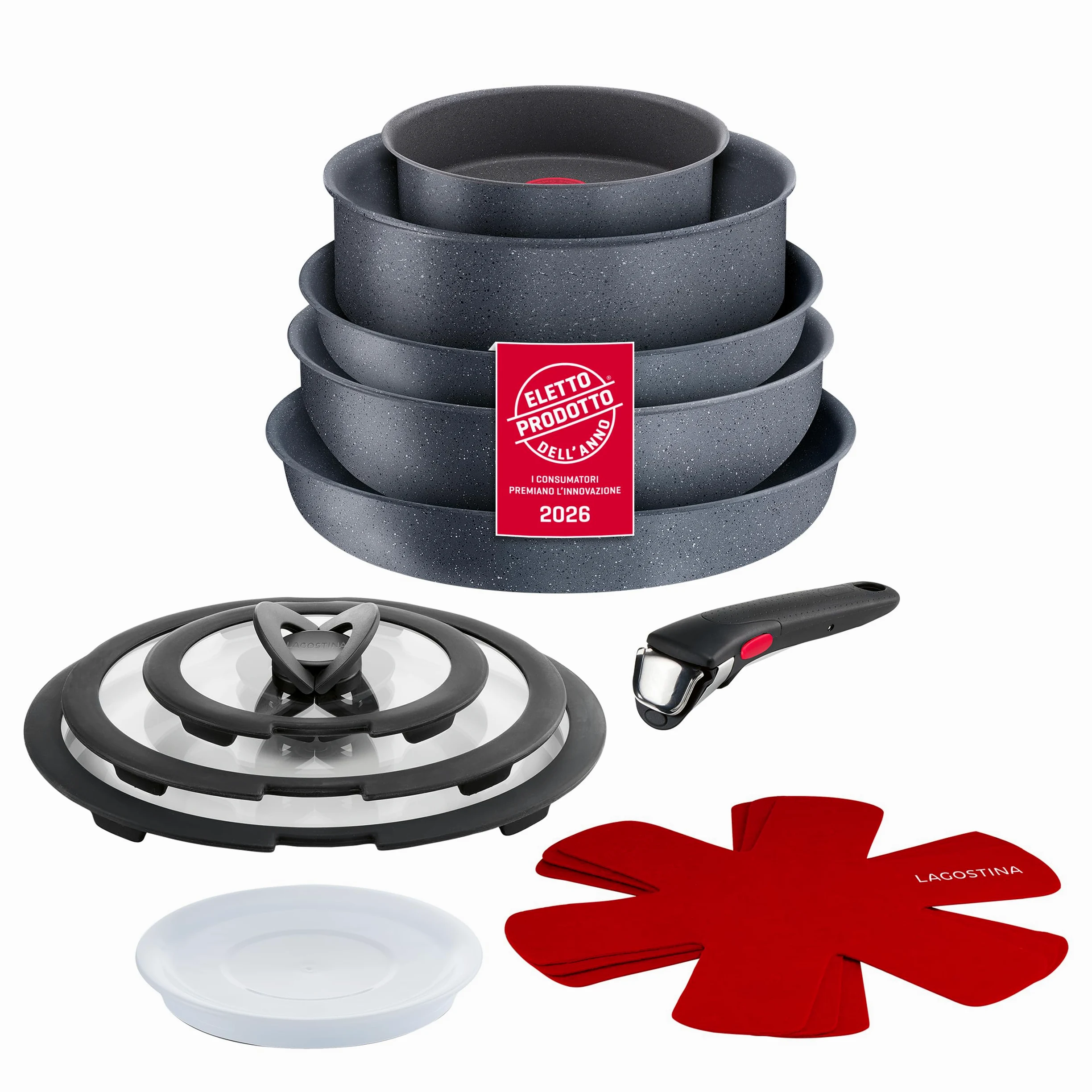 Lagostina Ingenio Mineralis Set Padelle Antiaderenti in Alluminio, Induzione,13 Pezzi 2 padelle 1 Casseruola 1 Tegame 1 Wok 3 coperchi Vetro 1 Coperchio Plastica 3 Proteggi Padella 1 Manico