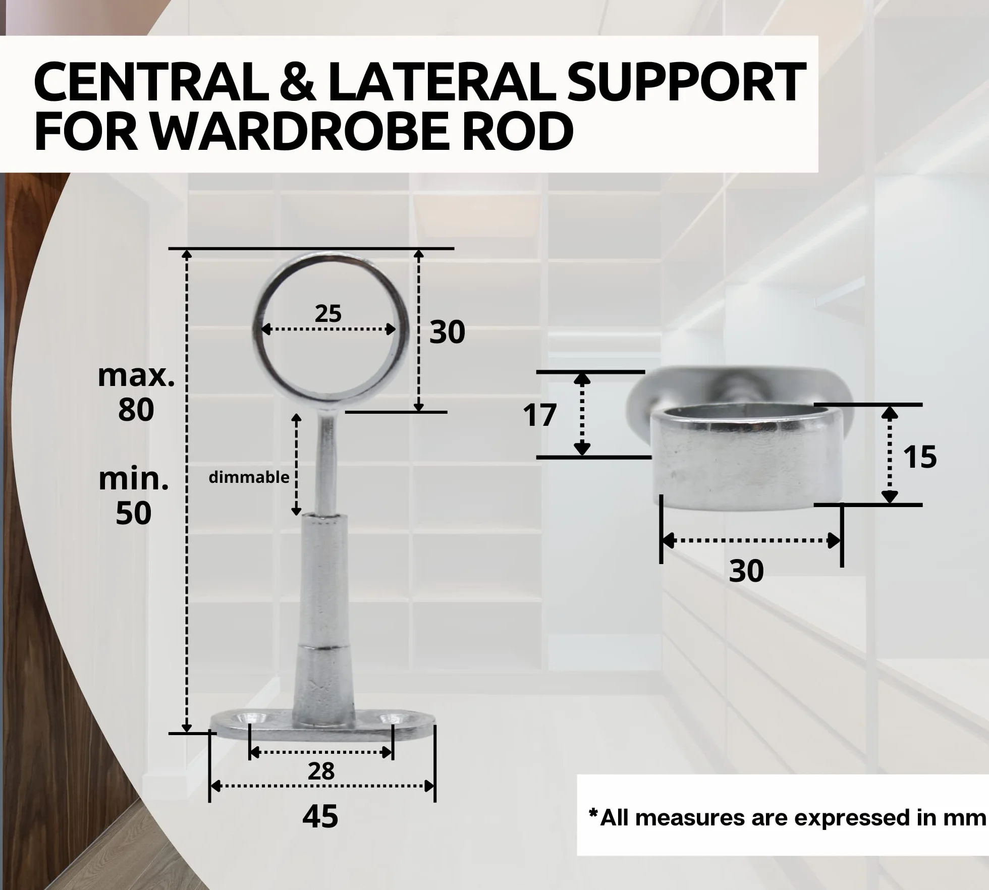 DOJA Barcelona Supporto per Asta Armadio Rotondo Ø25mm 4Pz Reggitubo Armadio Rotondo per Soffitto