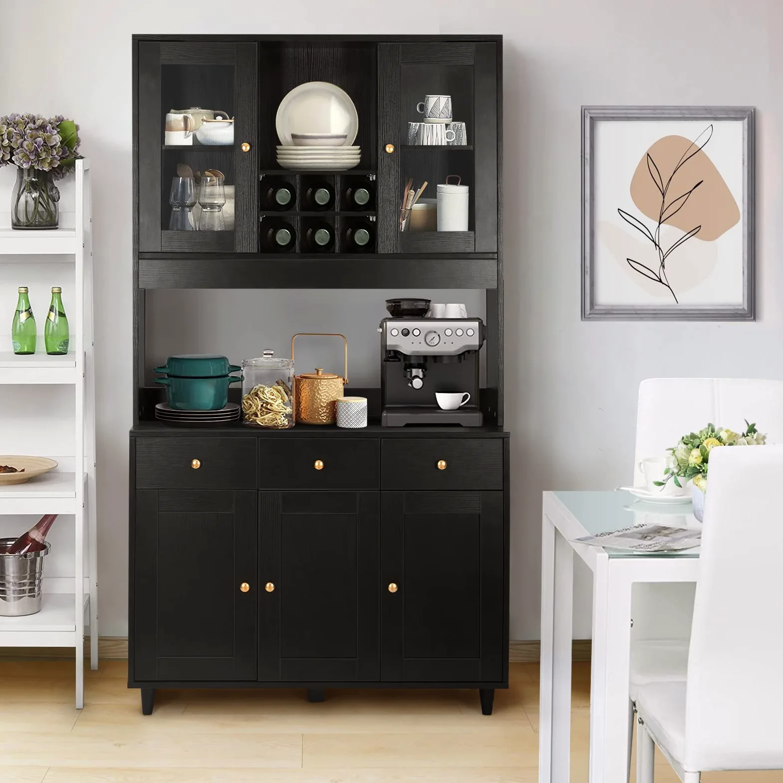 VOWNER Credenza Cucina, Mobile Buffet con 5 Armadietti, Mobile da Cucina Dispensa, Armadio Dispensa, 5 Ripiani Regolabili, per Cucina, Soggiorno, 100L x 38W x 181H cm, Nero