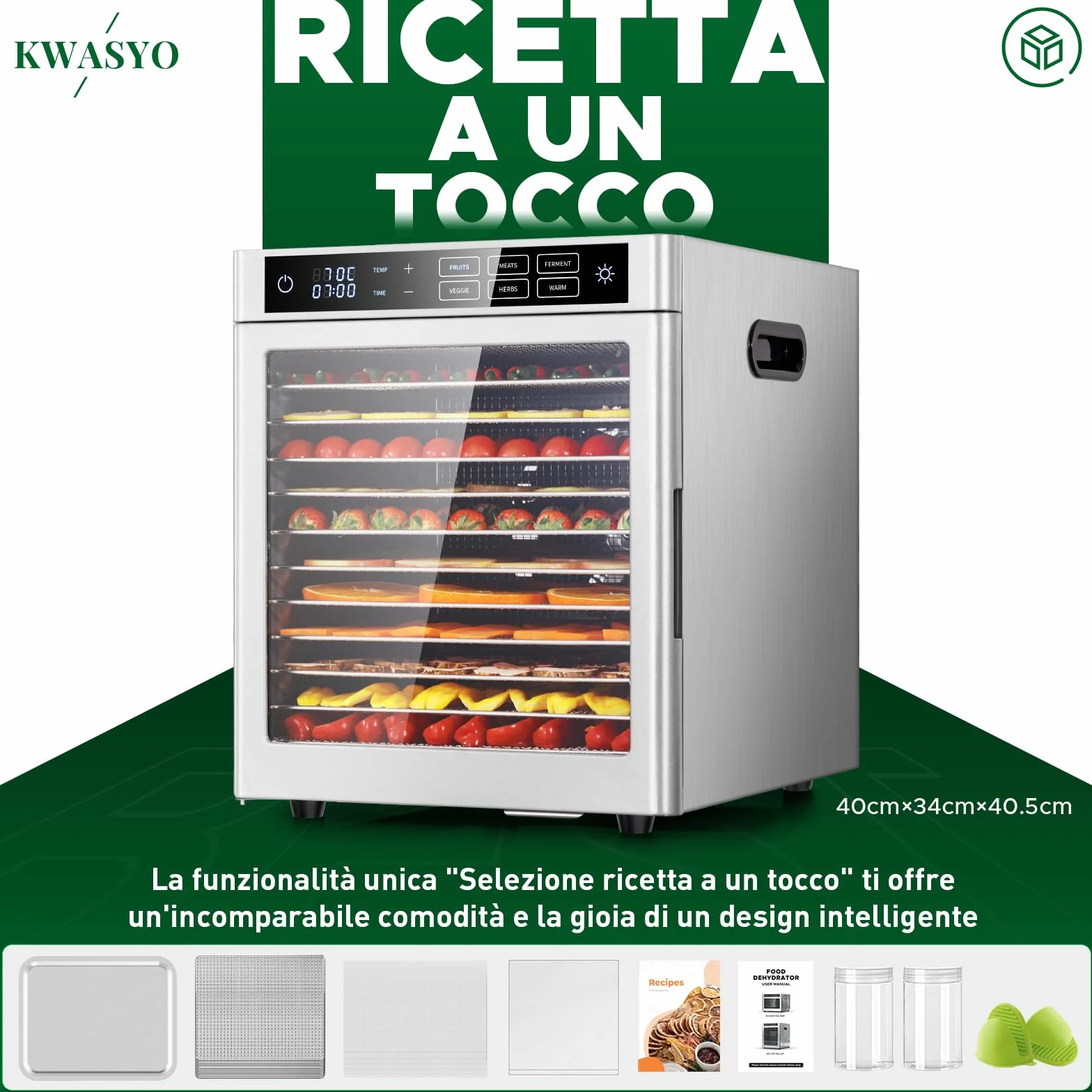 Kwasyo Essiccatore Alimentare professionale in Acciaio Inossidabile 12 Vassoi, 6 Funzioni Preimpostate, Essiccatore 800W, 6 Tappetini in Silicone, 2 Barattoli, 2 Vassoi per Rotoli di Frutta Inclusa