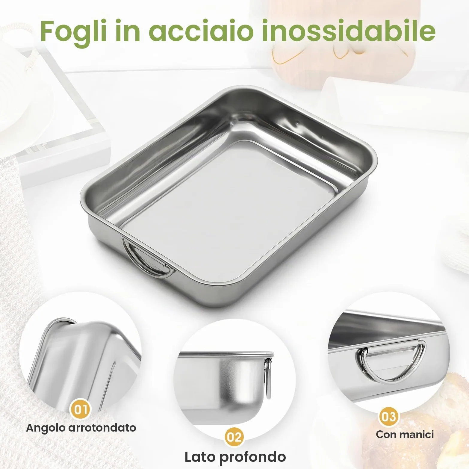 Set di Teglie da Forno da 4 Pezzi in acciaio inox rettangolare con maniglie