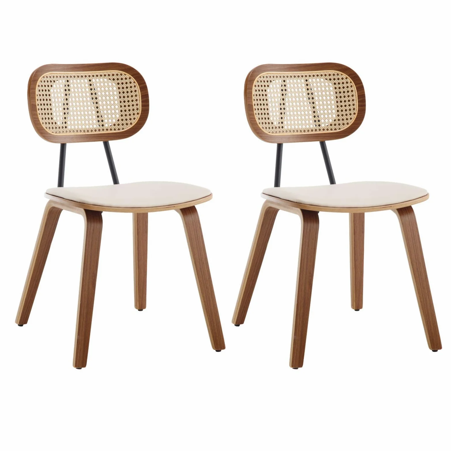 Ya-Home Set di 2 Sedie da Pranzo in Rattan Sedie da Cucina con Cuscino in Ecopelle Sedia da Salotto Imbottite con Gambe in Legno Design Retrò per Sala da Pranzo/Soggiorno