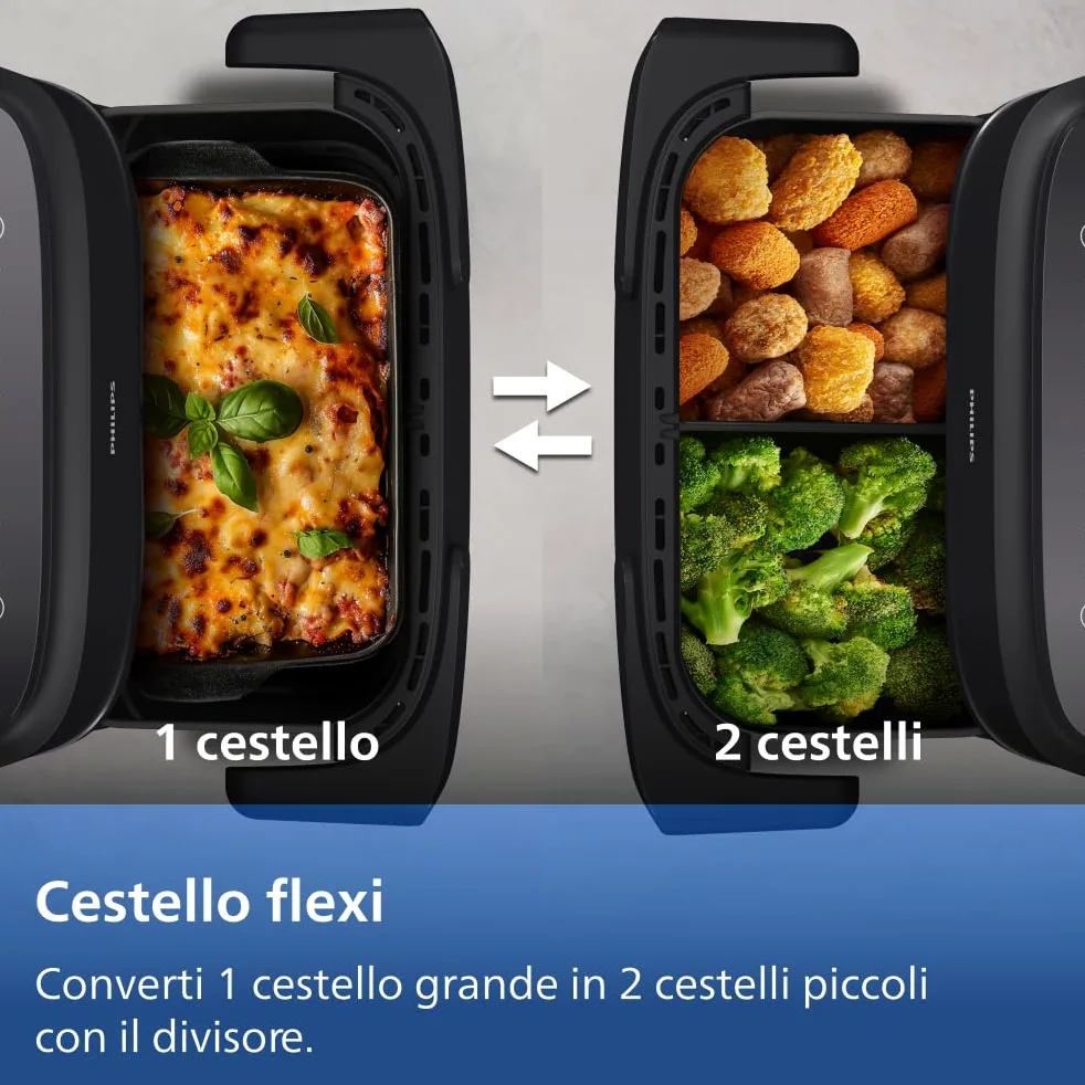 Philips Airfryer Serie 1000, Friggitrice ad aria con singolo/doppio cestello flexi da 7.1L e separatore, doppia resistenza e termostasti separati, RapidAir, 10 modalità, compatto, HomeID (NA154/00)