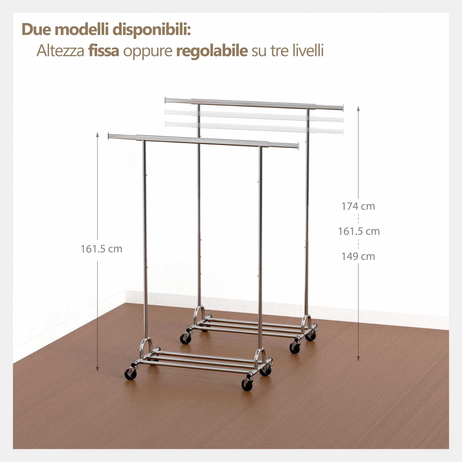 PORTENTUM Stand appendiabiti da terra robusto estensibile con ruote e freni – Fino a 180 kg – Porta abiti in acciaio 45 x (92-132) x 161,5 cm – Ripiano inferiore