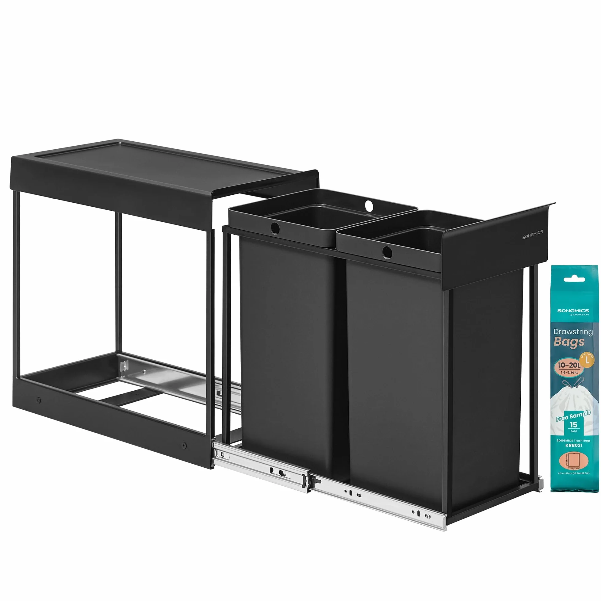 SONGMICS Pattumiera da Cucina per Raccolta Differenziata, Cestino da Incasso per Mobile, 2 x 15 L Doppio Scomparto, Estraibile, Struttura in Acciaio, Coperchio in ABS, Nero Inchiostro LTB950B01