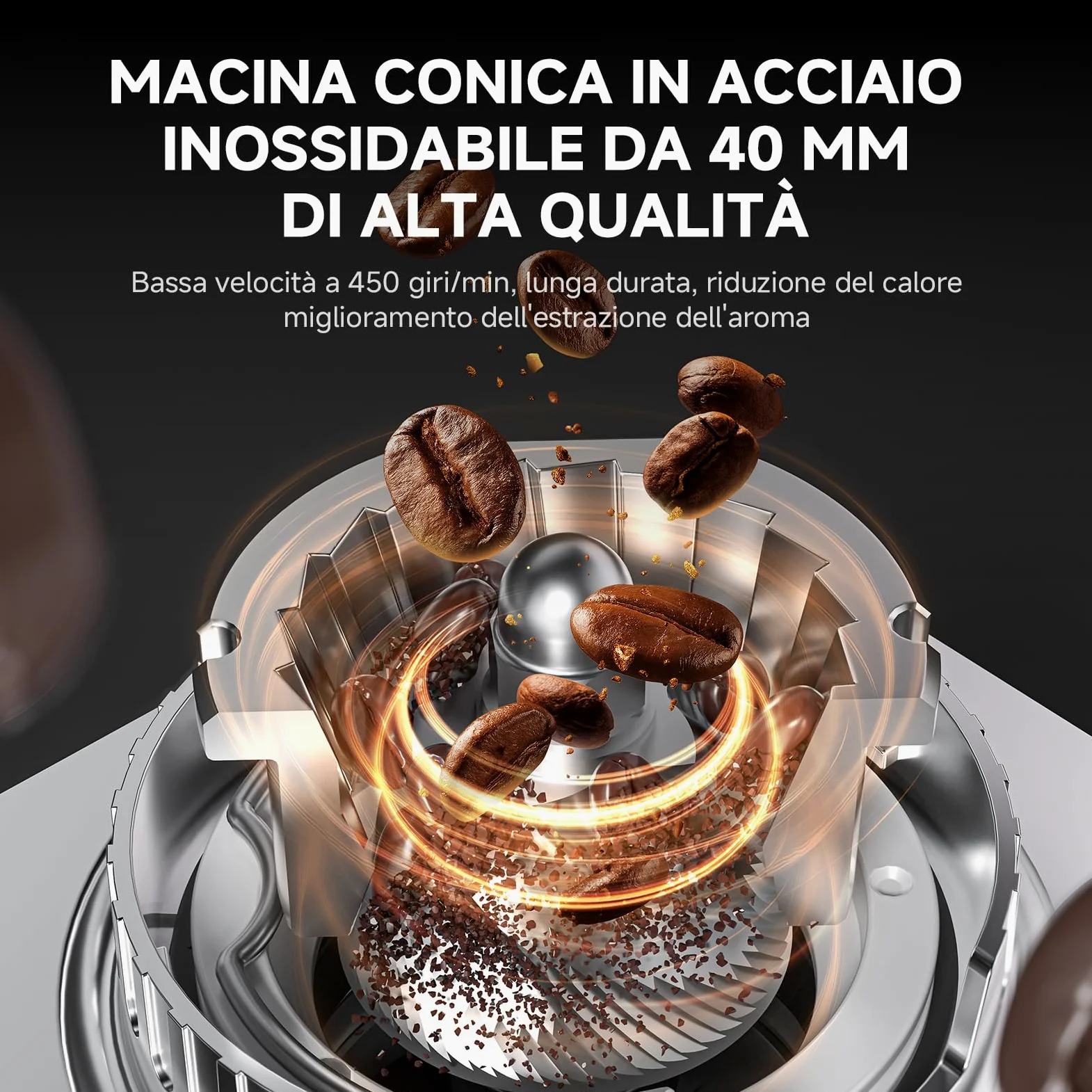 AMZCHEF Macinacaffè Elettrico con 45 Livelli di Macinatura, Macine Coniche in Acciaio Inox, Supporto Portafiltro Regolabile, Pannello di Controllo Touch LED, Corpo in Acciaio Inox