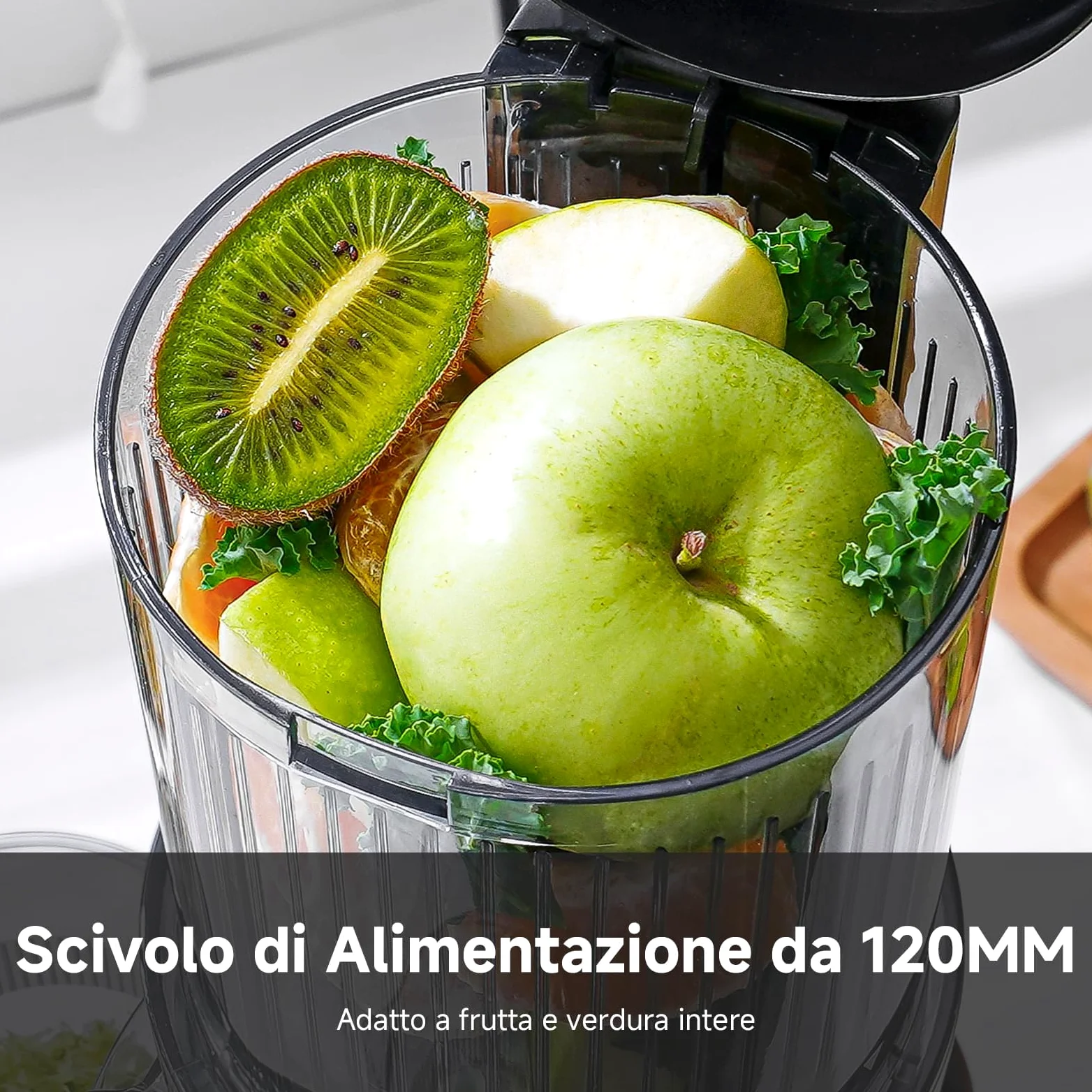 AMZCHEF Estrattore Frutta e Verdura, 120mm Bocca Larga con Taglio Automatico, Slow Juicer a Freddo 60RPM, Estrattore di Succo in Acciaio Inox, Facile da Pulire[Classe di efficienza energetica A+++]