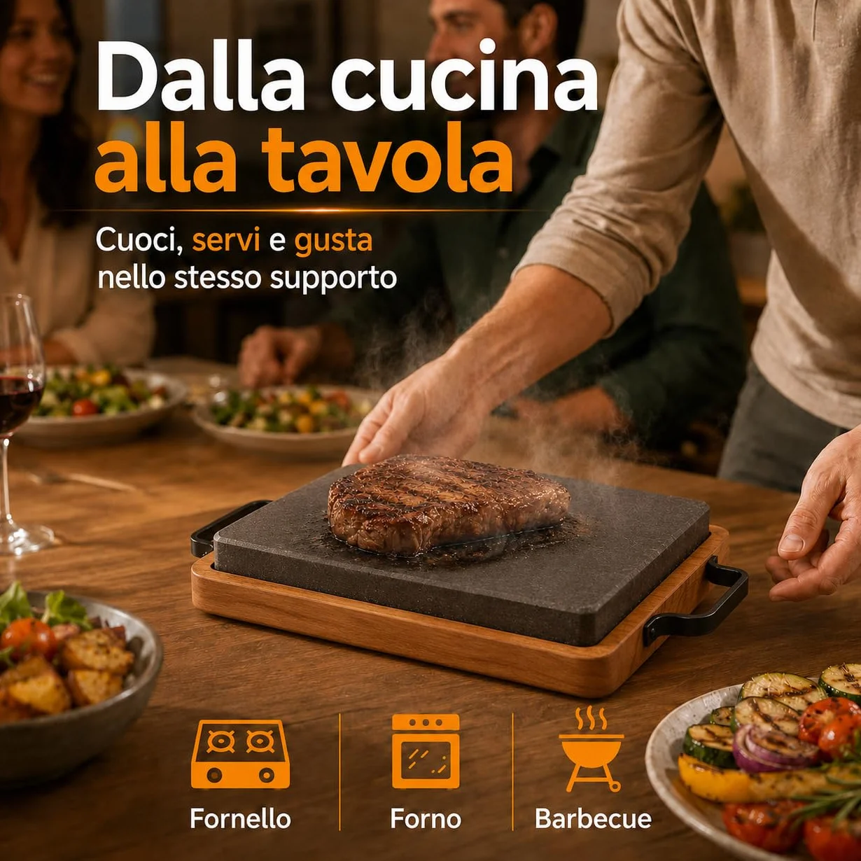 Piastra Rettangolare in Pietra Lavica 30x20,5 cm con Vassoio Legno Bistecchiera Nero Marrone