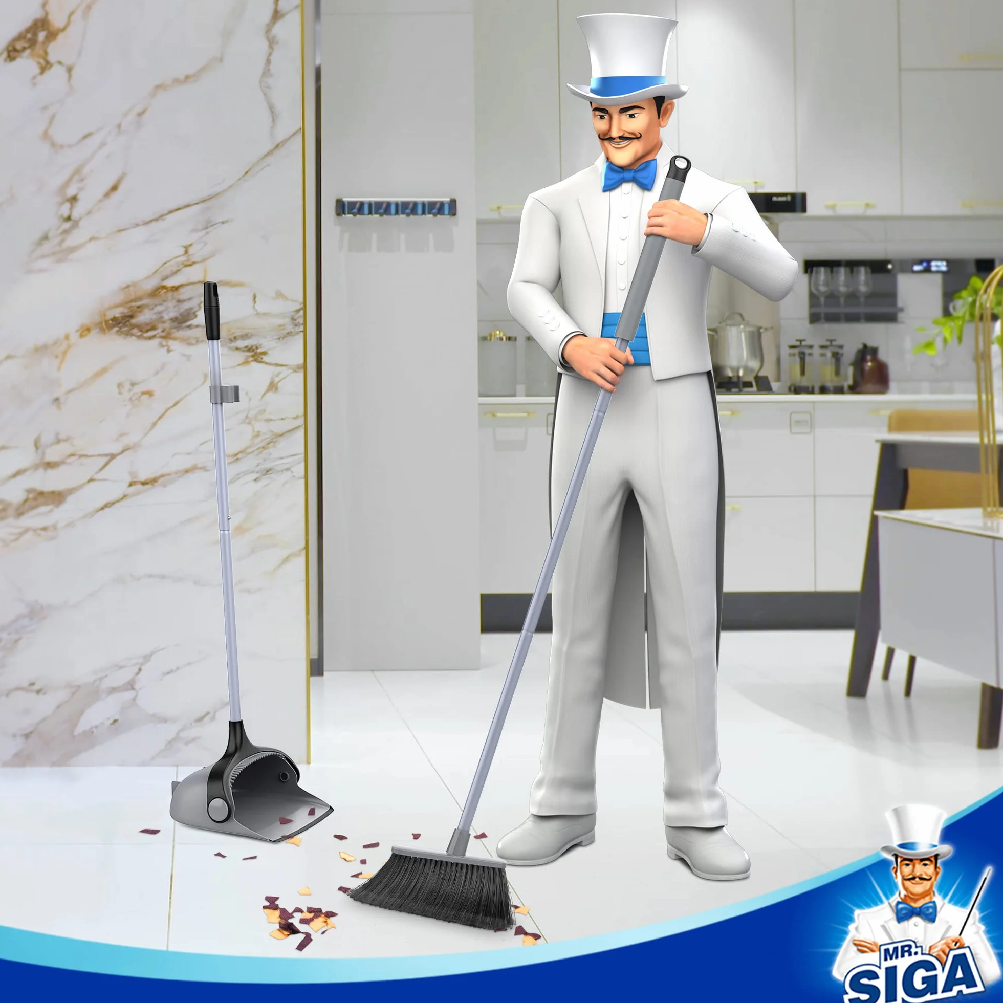 MR.SIGA Set scopa e paletta a manico lungo, spazzola verticale e paletta combinata per la pulizia dei pavimenti, grigio