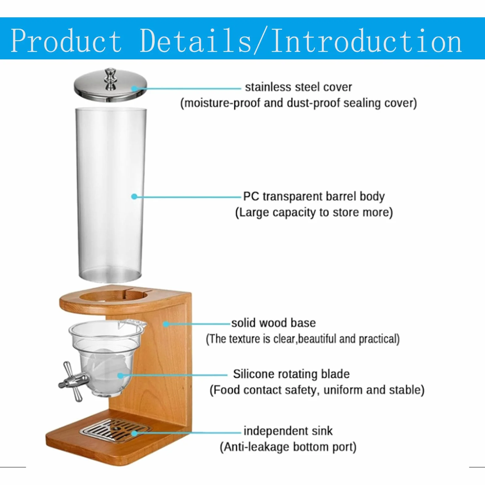 Dispenser per cereali in bambù, 3,5 l/7 l/10,5 l, contenitore per cereali da appoggio, con barile in PC e base in legno, dispenser per alimenti secchi, per riso, fagioli, noci