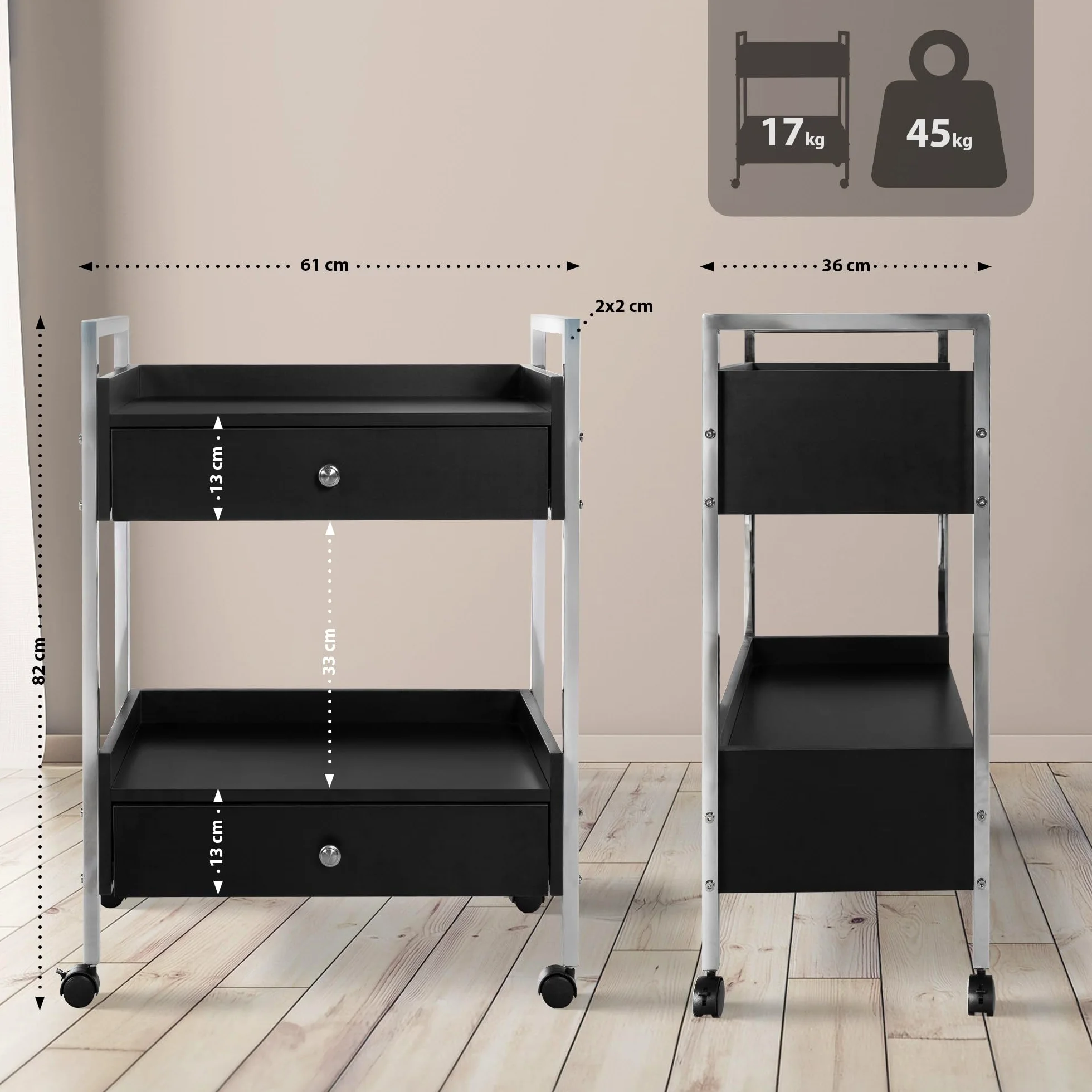 CLP Carrello Multiuso di Lusso I Carrello Multiuso su rotelle I Carrello con Due cassetti e Ripiani, Colore:Nero
