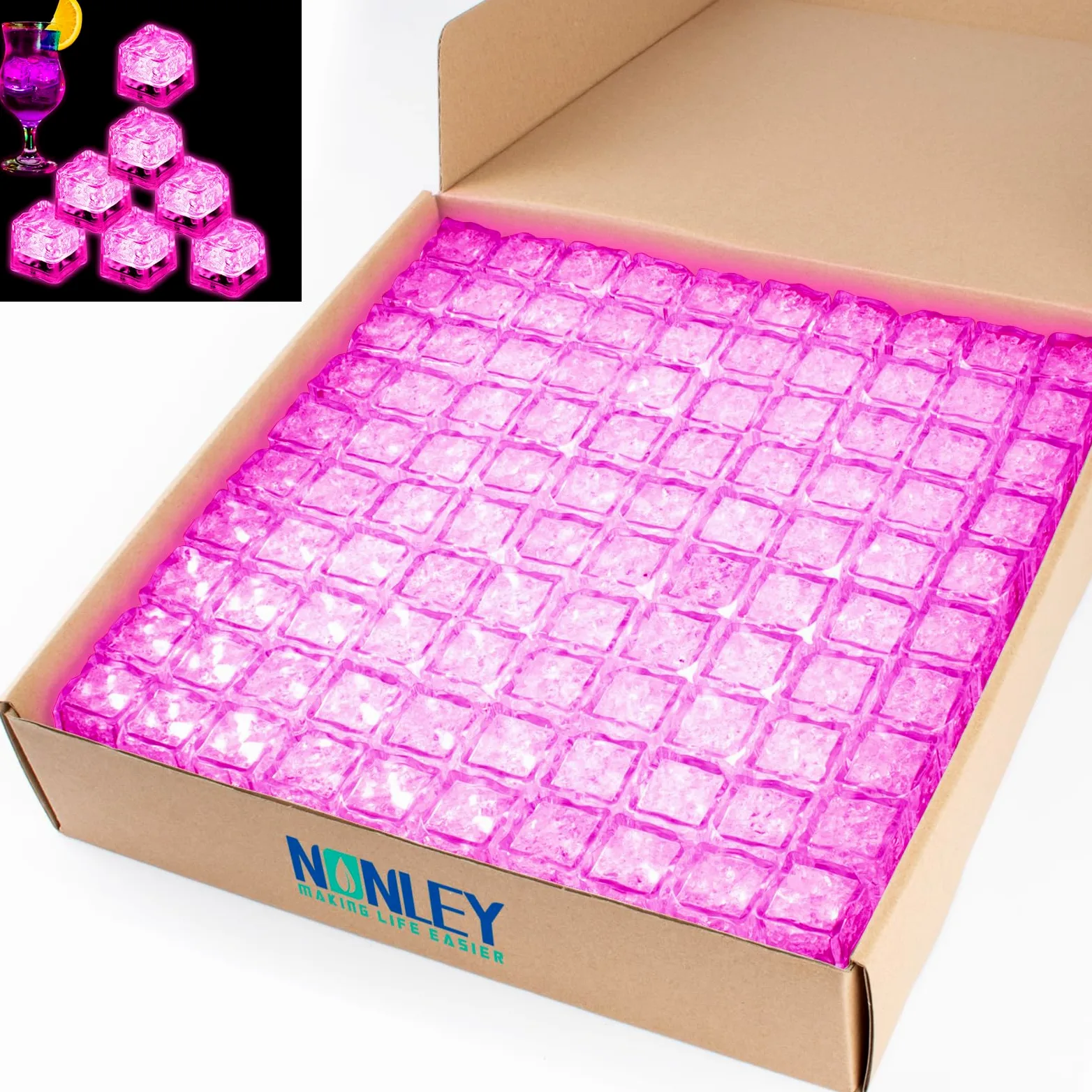 Cubetti di ghiaccio luminosi, 200 cubetti di ghiaccio a LED rosa per bevande, IP67, impermeabili, riutilizzabili, luci lampeggianti per club, bar, feste, matrimoni, cocktail