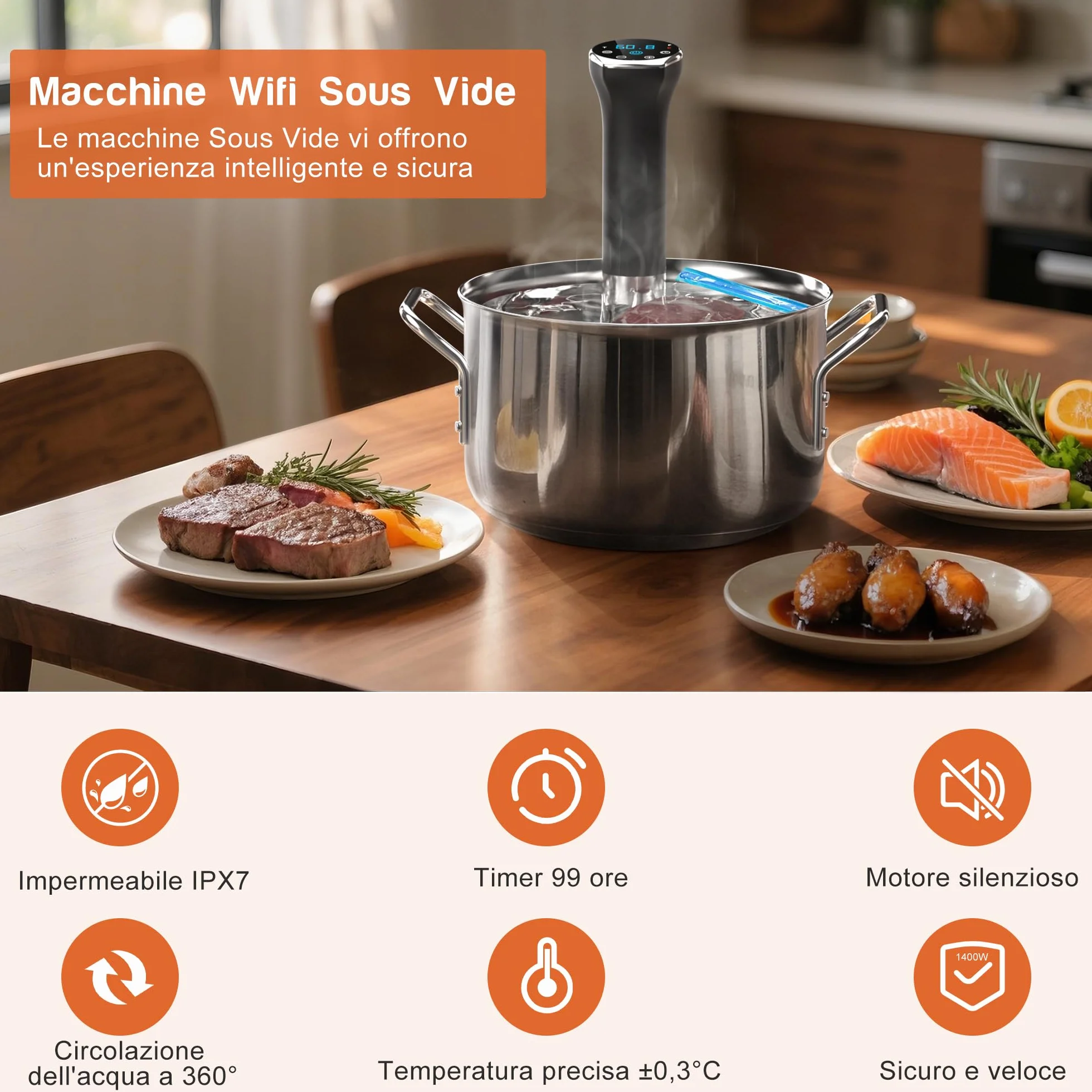 Sous Vide Roner Cucina a Bassa Temperatura Slow Cooker Circolatore IPX7, Touch Screen, Acciaio Inox, 10°C-90°C, 16A