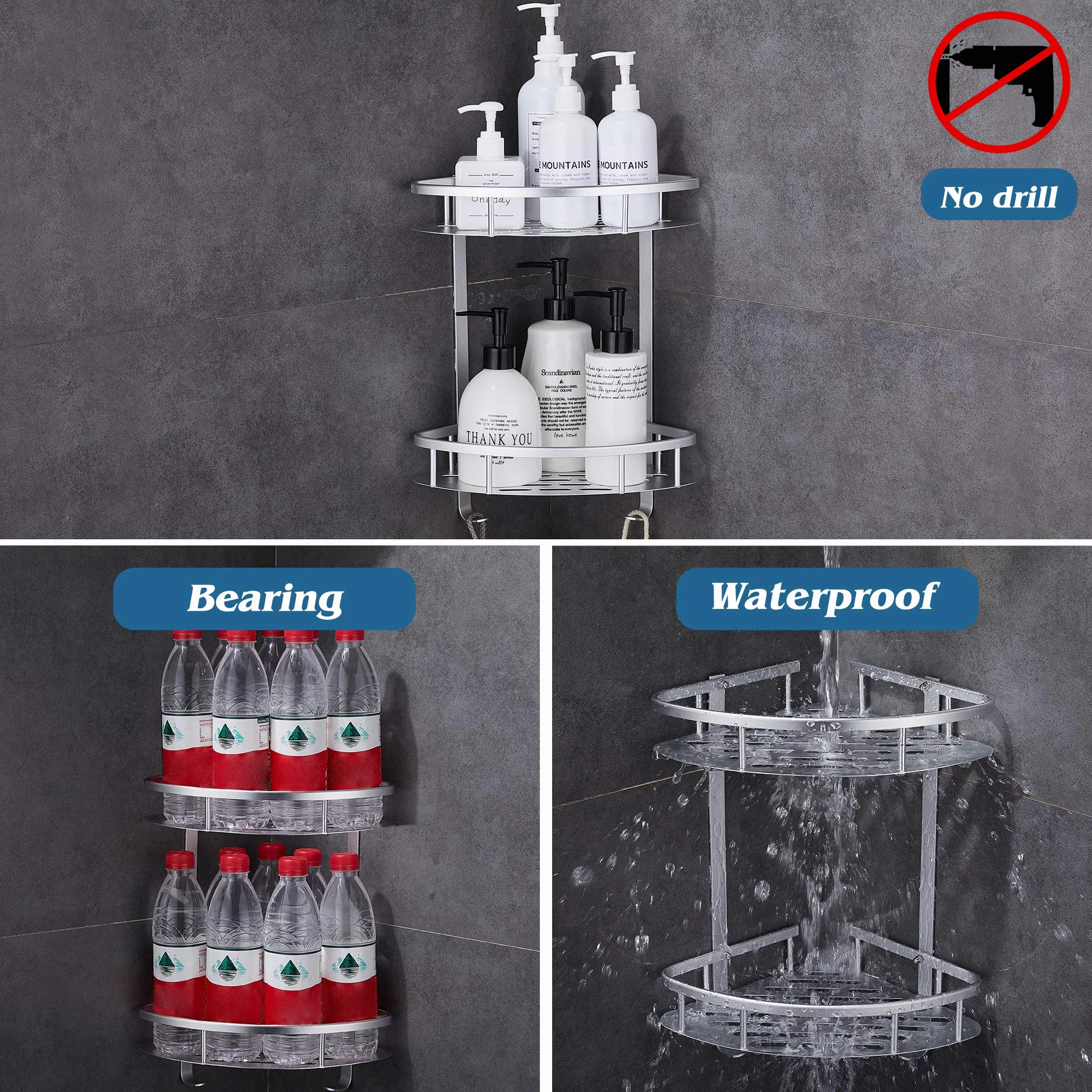 Mensola Doccia Angolare Senza Foratura 2 Livelli Argento Alluminio Accessori Bagno Organizer