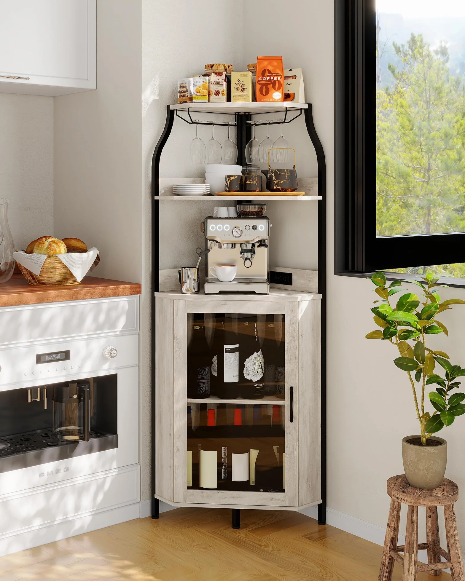 Mobile bar angolare 68" con luci LED, porta in vetro, presa elettrica - Portabottiglie e portabicchieri, 4/5 ripiani regolabili, stile farmhouse rustico per soggiorno o sala da pranzo -