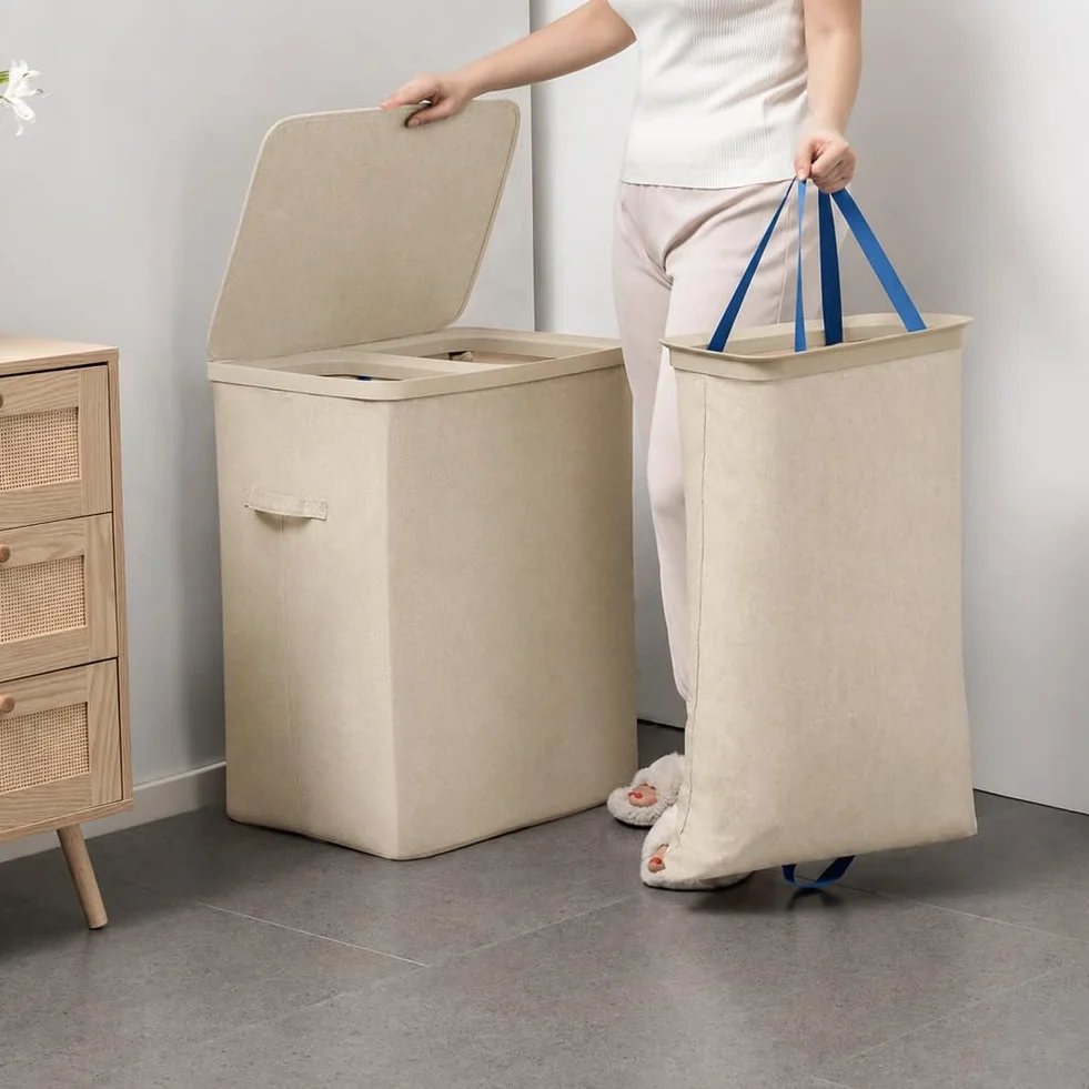BAKAJI Cesto Portabiancheria Sporca a 2 Scomparti, Cestino Doppio in Poliestere con Sacchi Estraibili per Biancheria e Bucato con Maniglie, Coperchio Antiodore, 56 x 40 x 67 cm (Beige)
