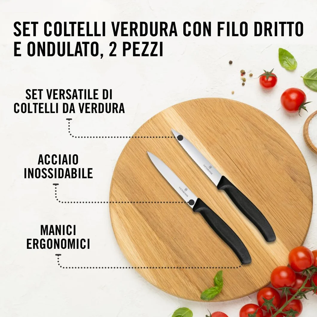 Victorinox Swiss Classic set 2 coltelli: coltello da pomodoro e spelucchino per verdure, acciaio inox, Swiss Made, Nero