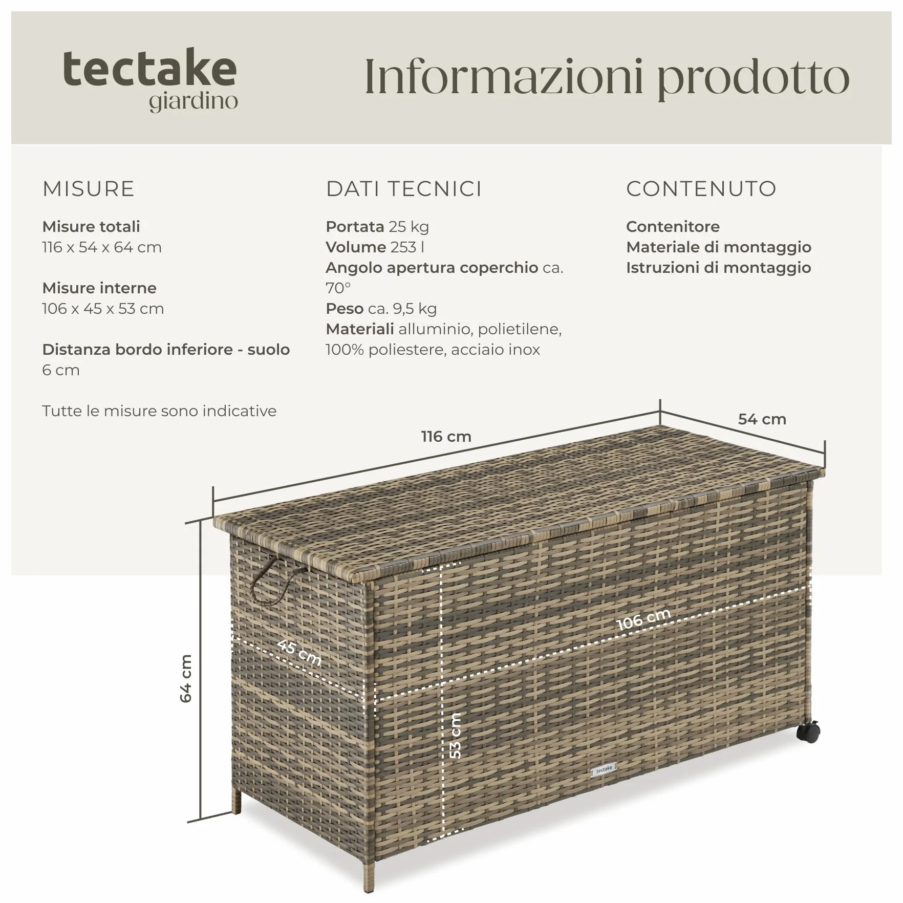 tectake Box Contenitore da Esterno 116x54x64 cm 253 L Polyrattan Alluminio Coperchio Rinforzato Rotelle Girevoli