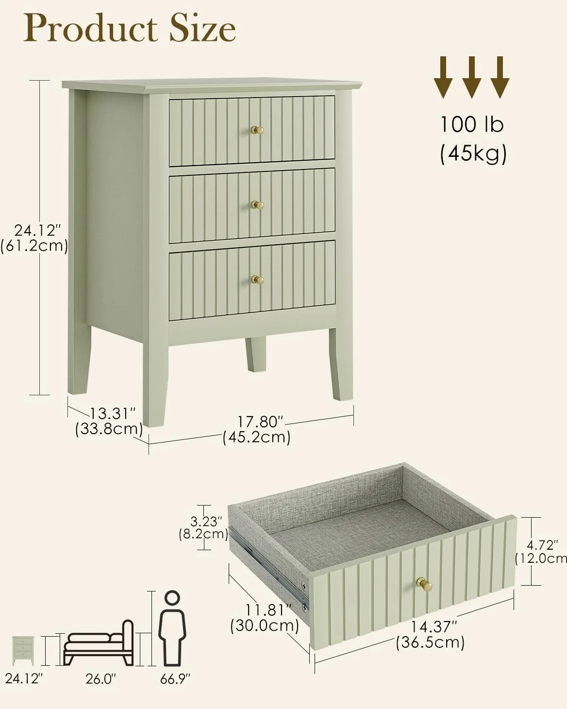HEYZOEY Comodino con 3 cassetti, comodino, cassettiera, tavolino per camera da letto e soggiorno (verde pistacchio, 45 x 33 x 61 h)