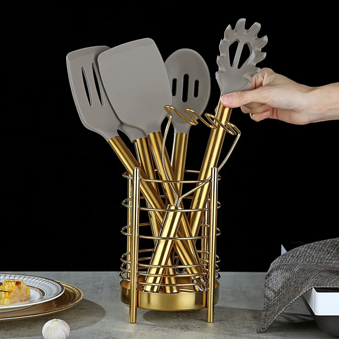 Berglander Set di utensili da cucina dorati 38 pezzi in silicone antiaderente, set di spatole a cucchiaio con robusto supporto per utensili in acciaio inossidabile