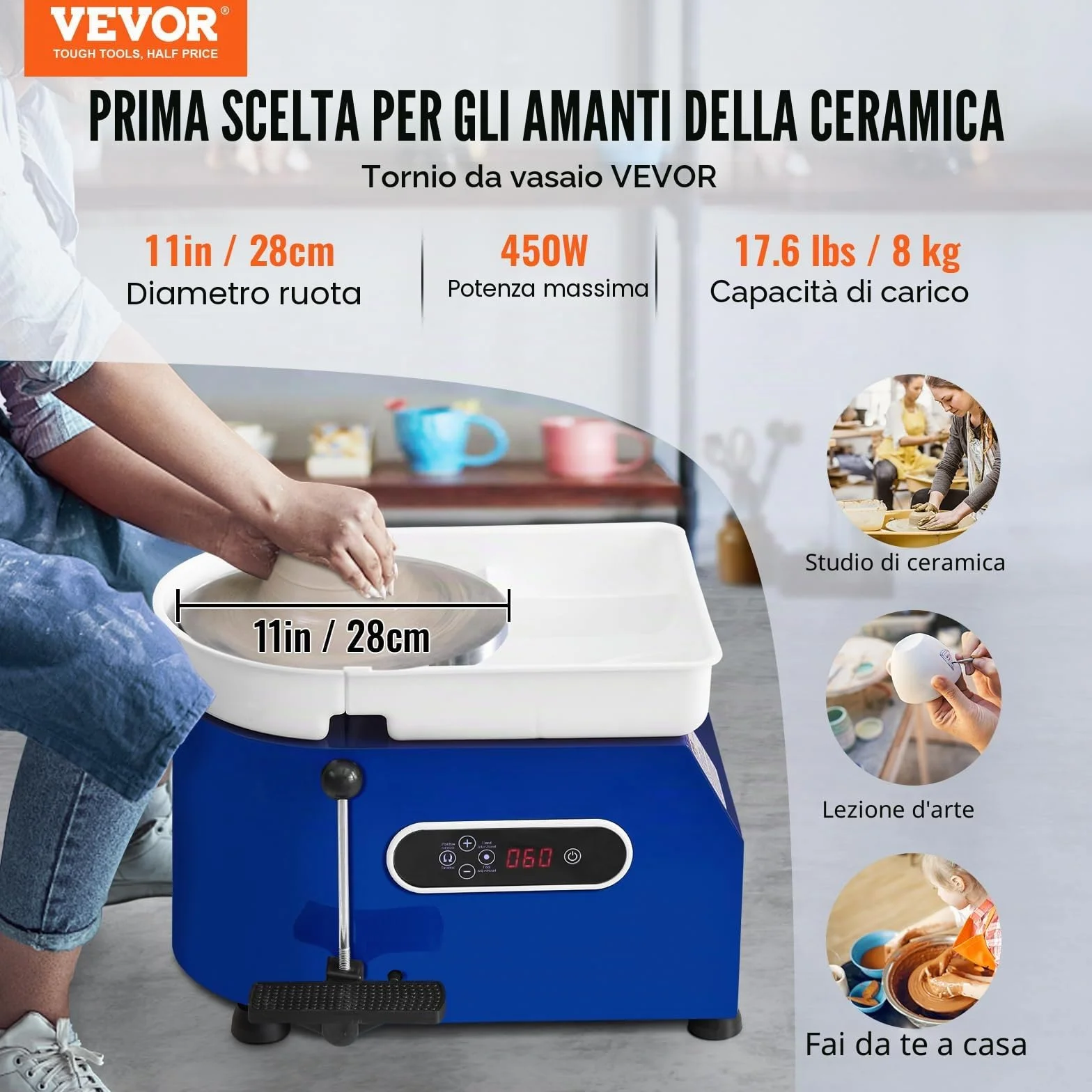 VEVOR Tornio per Ceramica Argilla 450W 28 cm 60-300 giri/min con Pedale Controllo LCD
