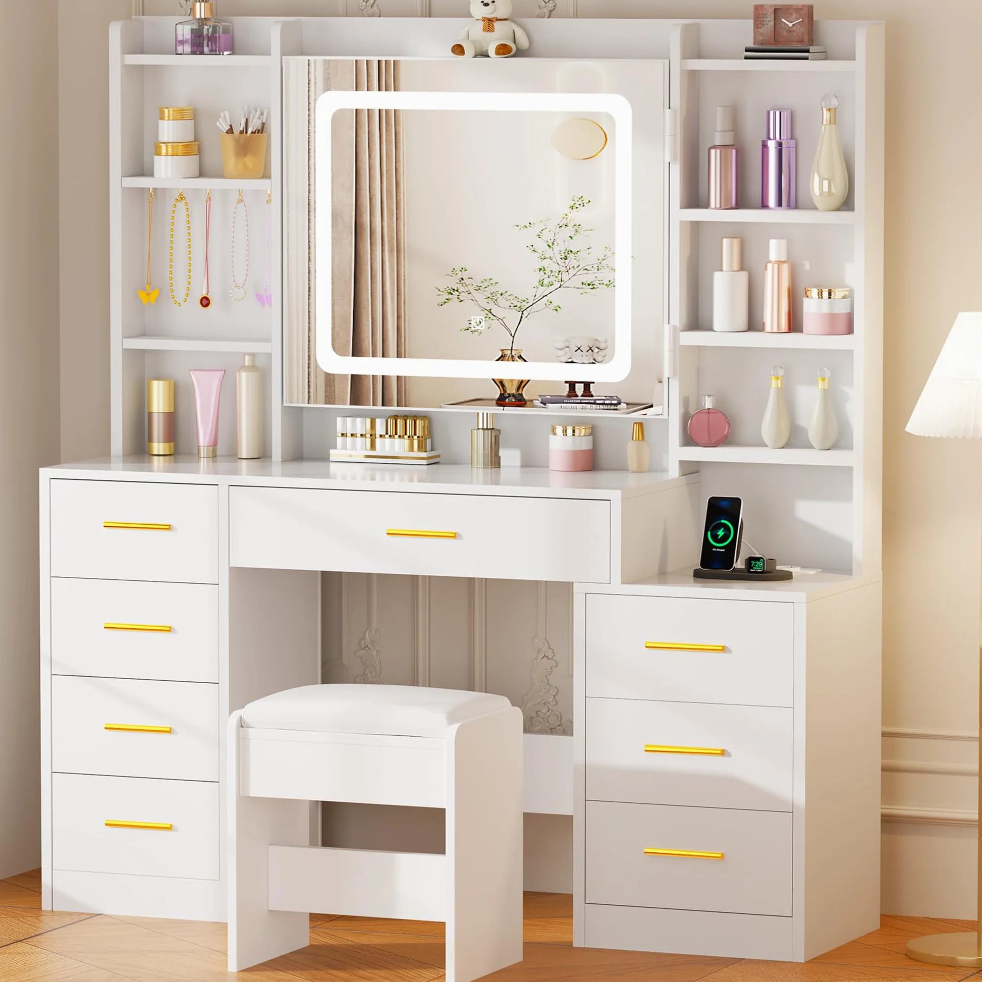 BEWISHOME Grande Toeletta da Trucco con Specchio e Luci, Sgabello e Presa | luminosità Regolabile,Tavolo Trucco con 8 Cassetti e 8 Ripiani Aperti, Moderna Postazione Trucco per Camera da Letto, EFST53M