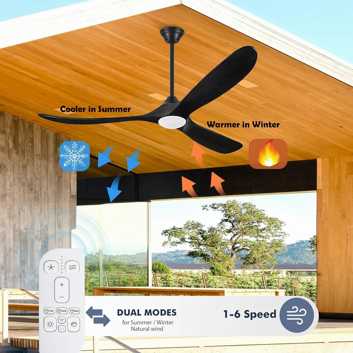 Ventilatori Da Soffitto Per Esterni In Legno Nero Da 178 Cm Con Luce, Moderno Ventilatore Da Soffitto A 3 Pale Con Telecomando, Motore Cc Silenzioso Reversibile