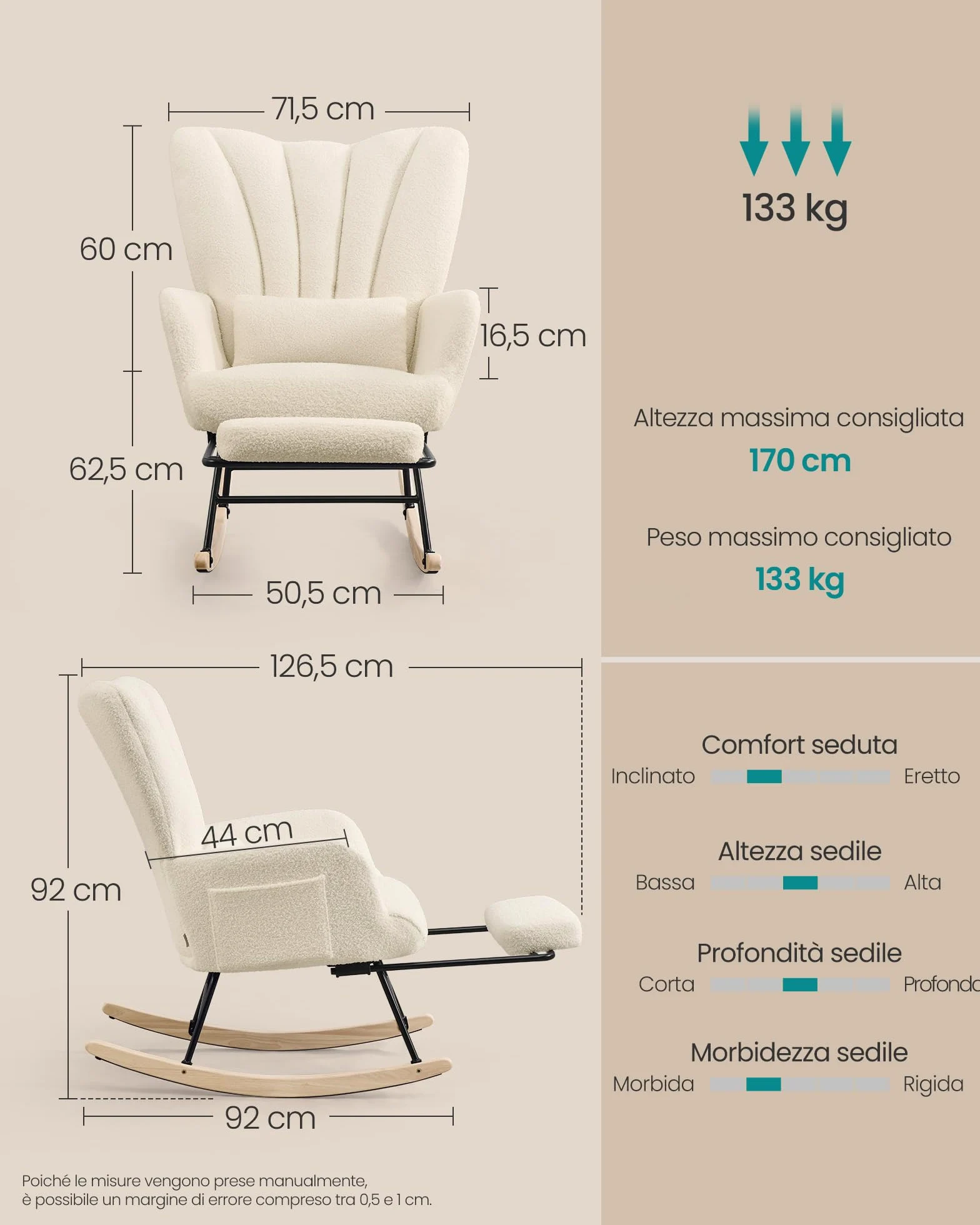 SONGMICS Sedia a Dondolo, Poltrona a Dondolo, Poggiapiedi Estraibile, Cuscino Rimovibile, Tasche, Gambe in Legno, Tessuto di Peluche, Camera da Letto Soggiorno, Bianco Crema LYY018W101