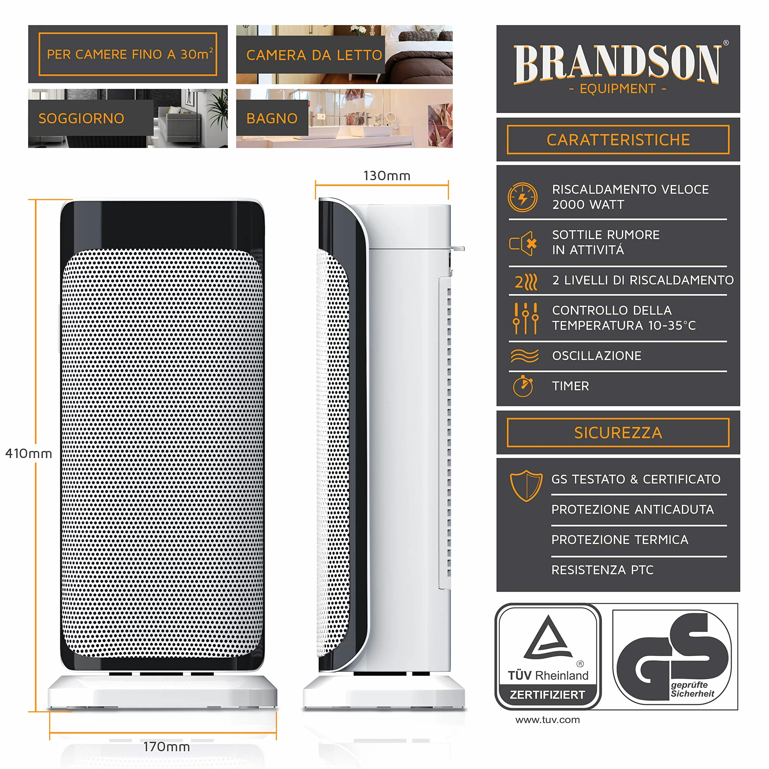 Brandson - Termoventilatore con Telecomando - Termoventilatore in Ceramica Bagno a Risparmio energetico, Silenzioso - Riscaldamento rapido con Funzione di Oscillazione - 2 Livelli di Riscaldamento -