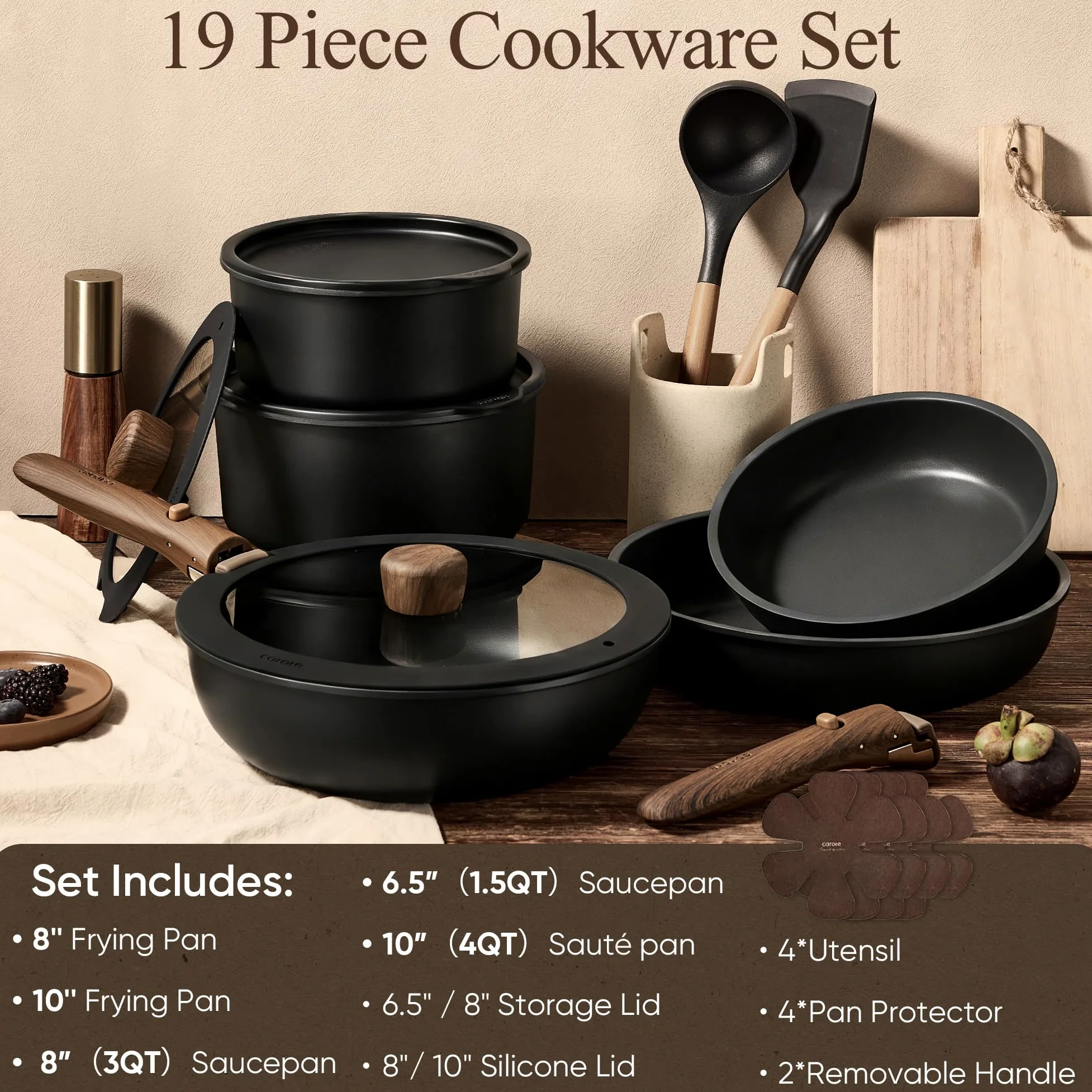 CAROTE Set di pentole e padelle antiaderenti, con manico staccabile, 19 pezzi | Compatibile con induzione, lavabile in lavastoviglie e forno, salvaspazio, per campeggio, camper, viaggi, set da cucina, nero