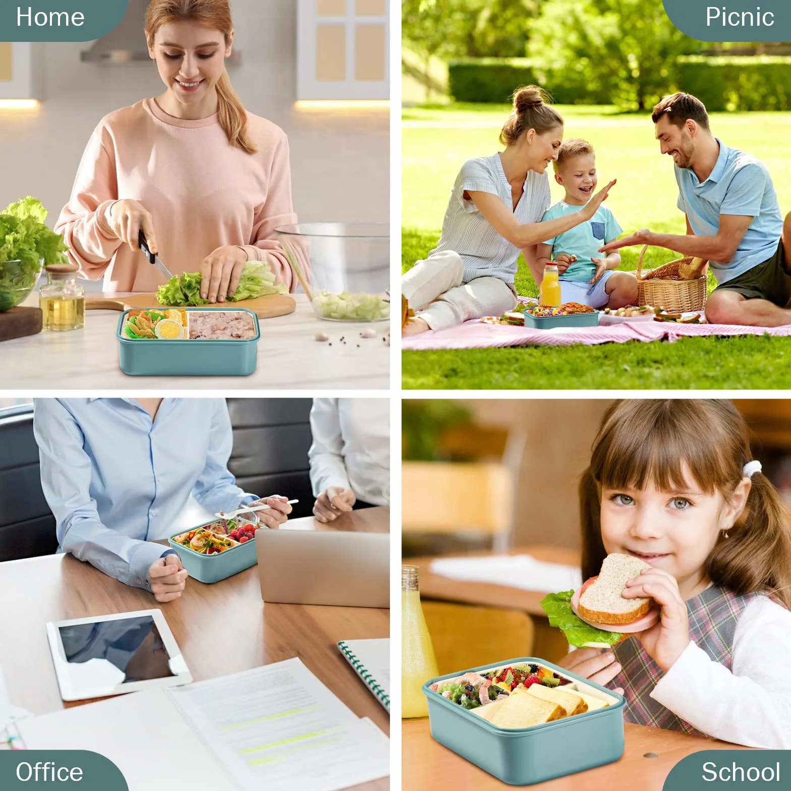 Diboniur Porta Pranzo 1400ml Lunch Box Bento con 3 Scomparti Ermetico per Microonde Ufficio Lavoro Picnic (Azzurro)