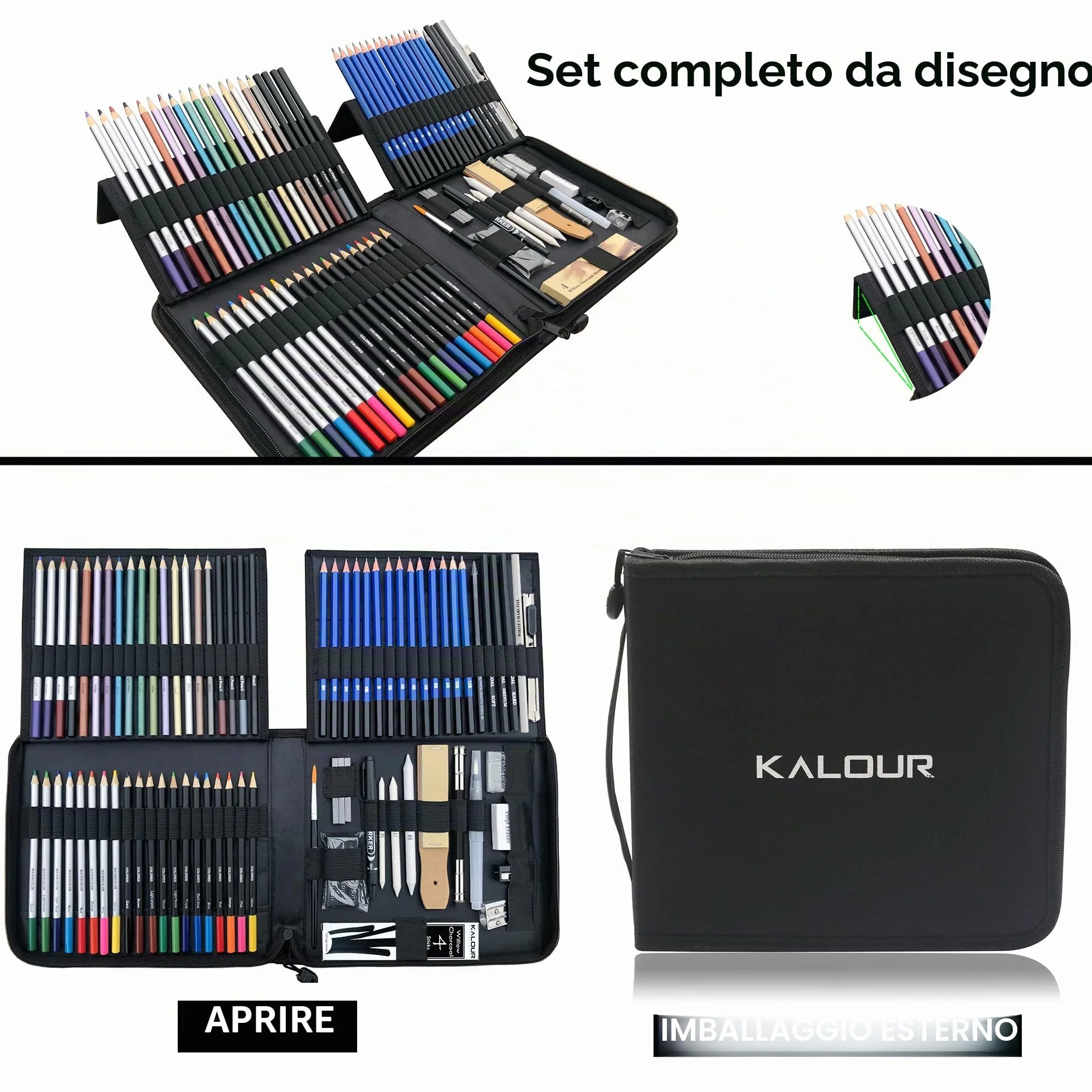 KALOUR Kit da Disegno e Schizzo 84 Pezzi, Forniture Professionali per Artisti con Blocco da Disegno, Comprende Tutorial, Matite Colorate, Grafite, Carbone, Acquerello, Metalliche e Pastello