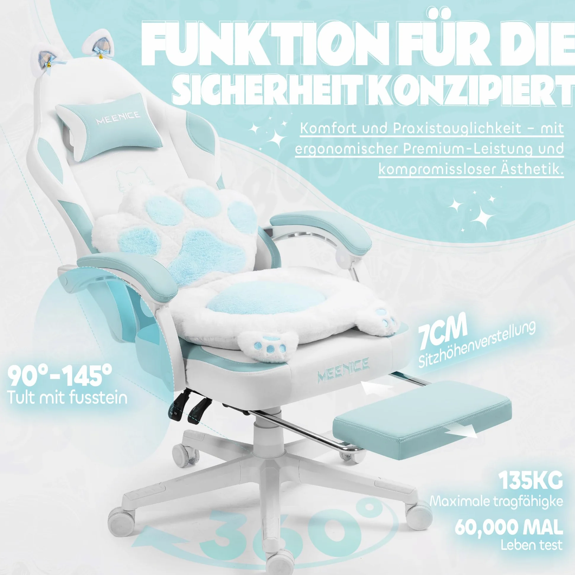 Gatto Sedia Gaming con Poggiapiedi, Cuscino Lombare e Orecchie di Gatto, Sedia da Gaming Ergonomica in Velluto, con Poggiapiedi, per Donne, Adulti e Adolescenti, Blu e Bianco